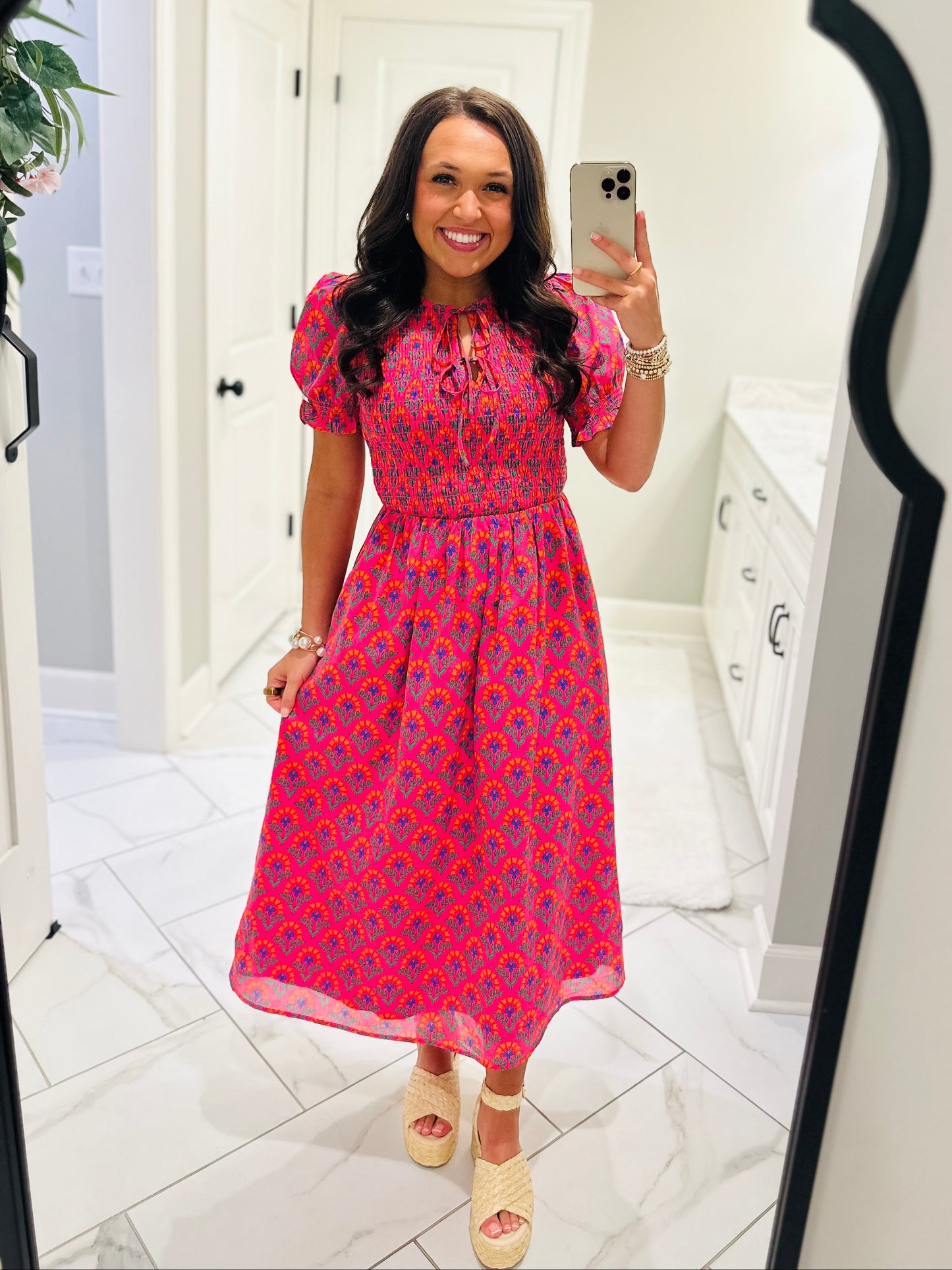 The Tamry Pink Smocked Midi Dress