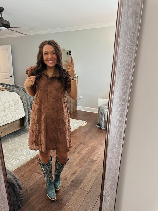 The Taylor Mocha Brown Floral Appliqué Dress