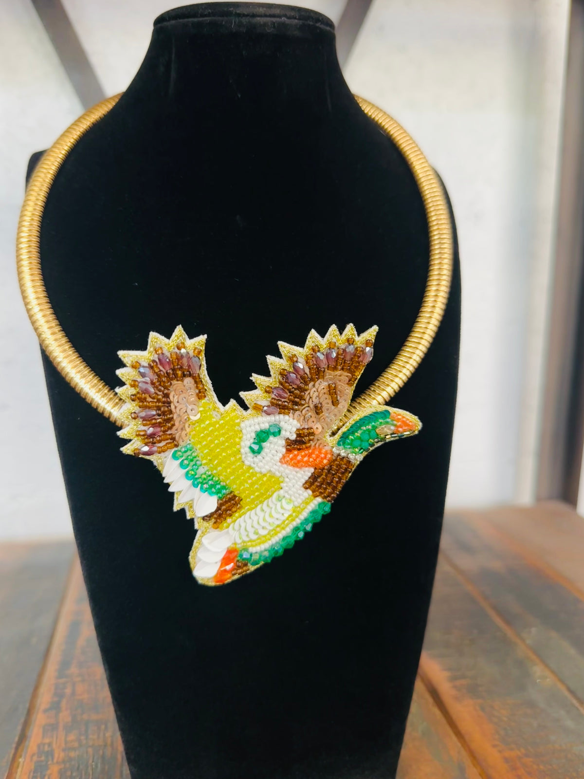 Green + Brown Mallard Beaded Collar Necklace