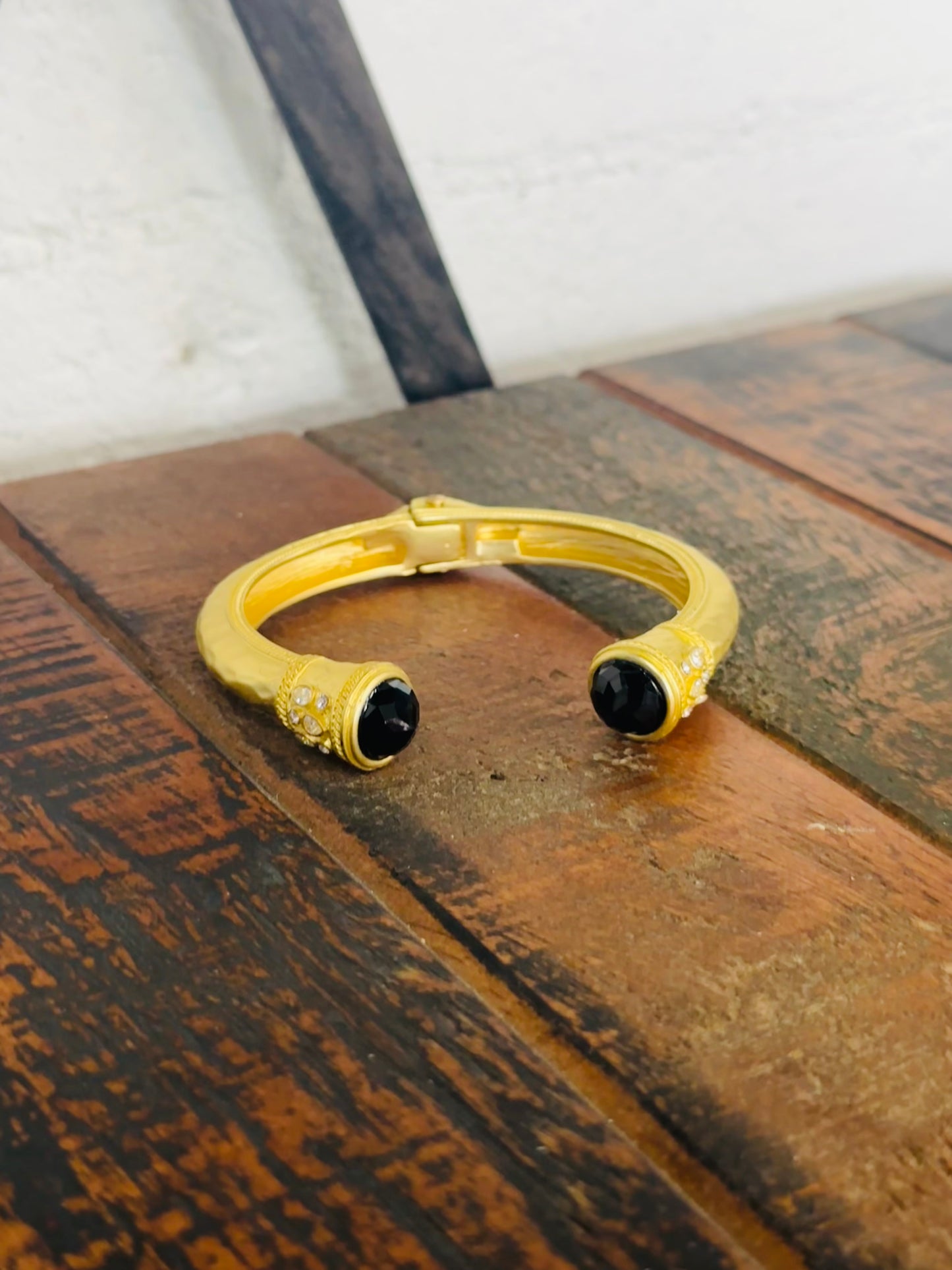 Gold Hammered Black Bead End Cuff Bracelet