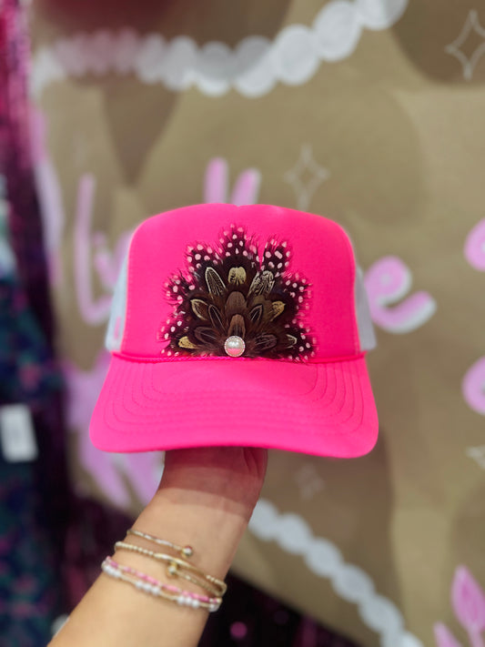 Neon Pink Feather + Pearl Trucker Hat