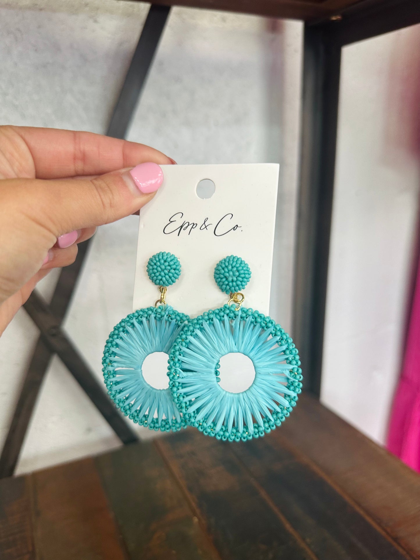 Teal Beaded Raffia Circle Drops