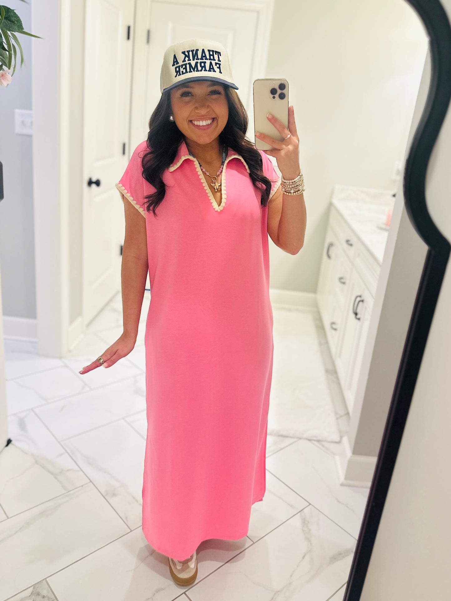 The Sarah Pink Collared Stitch Midi Dress