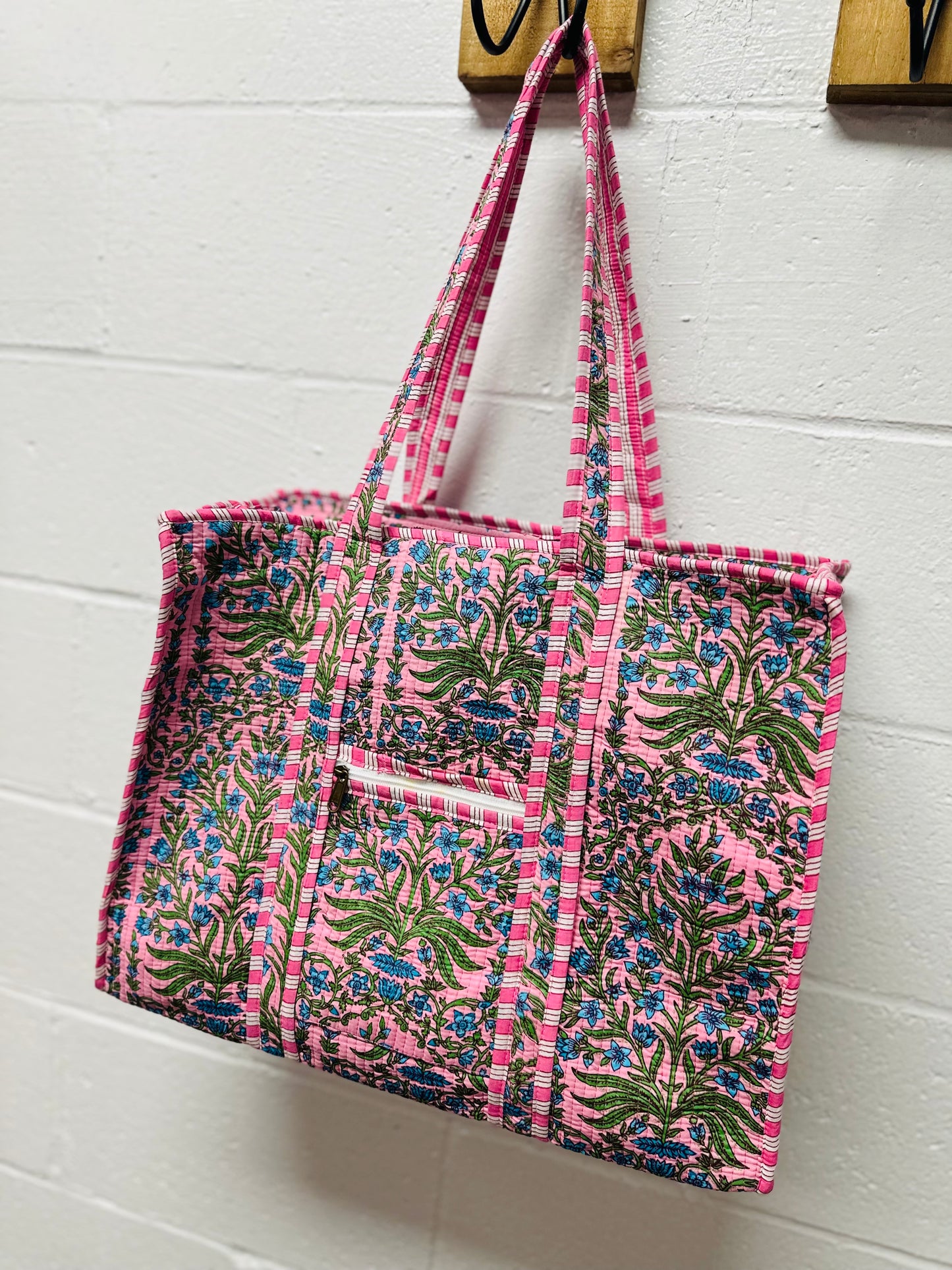The Pink & Green Floral Quilted Tote Bag