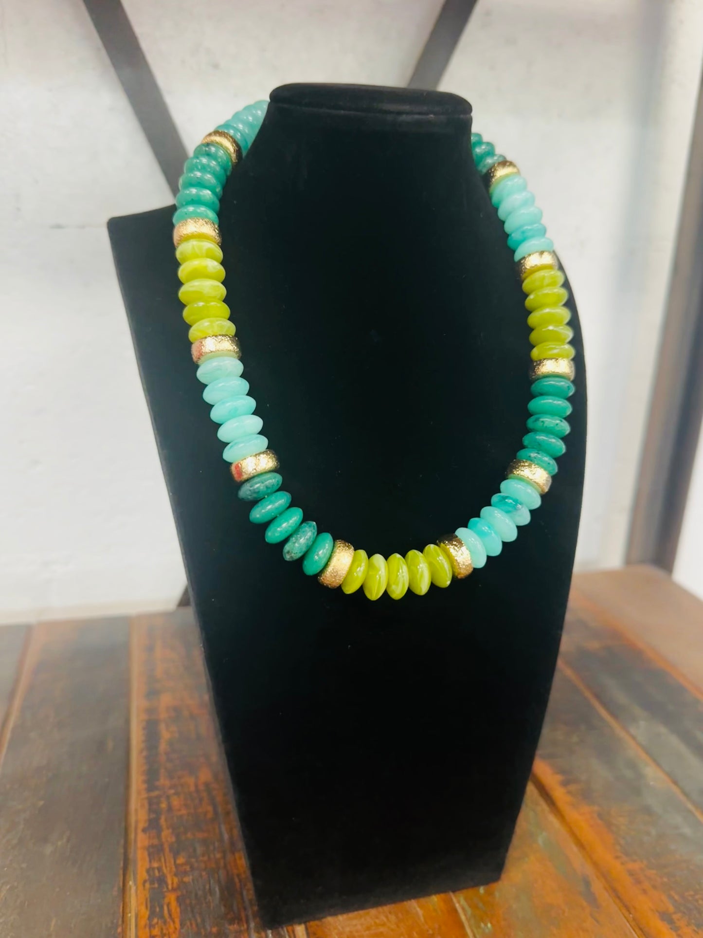 Olive + Gold Wide Bead Necklace