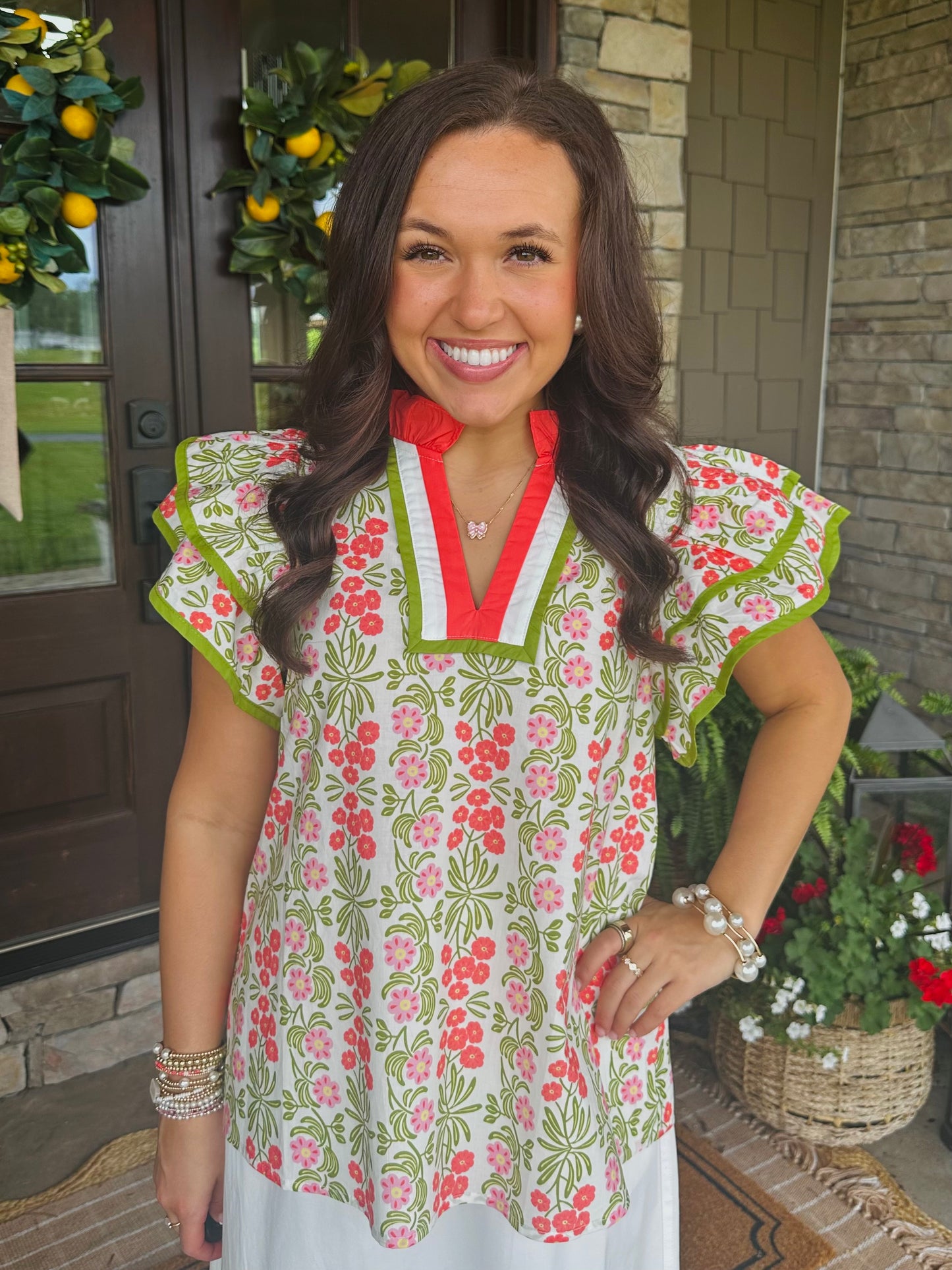The Cora Green + Coral Floral Top