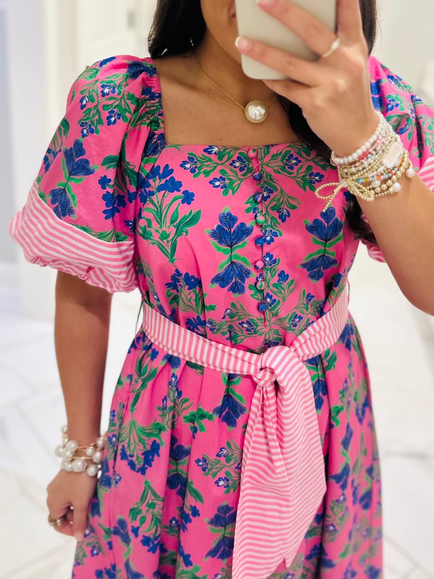 The Harlee Pink Botanical Midi Dress