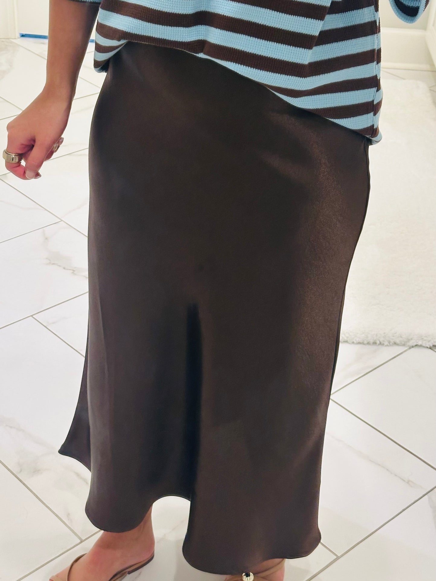 The Bri Dark Brown Satin Midi Skirt