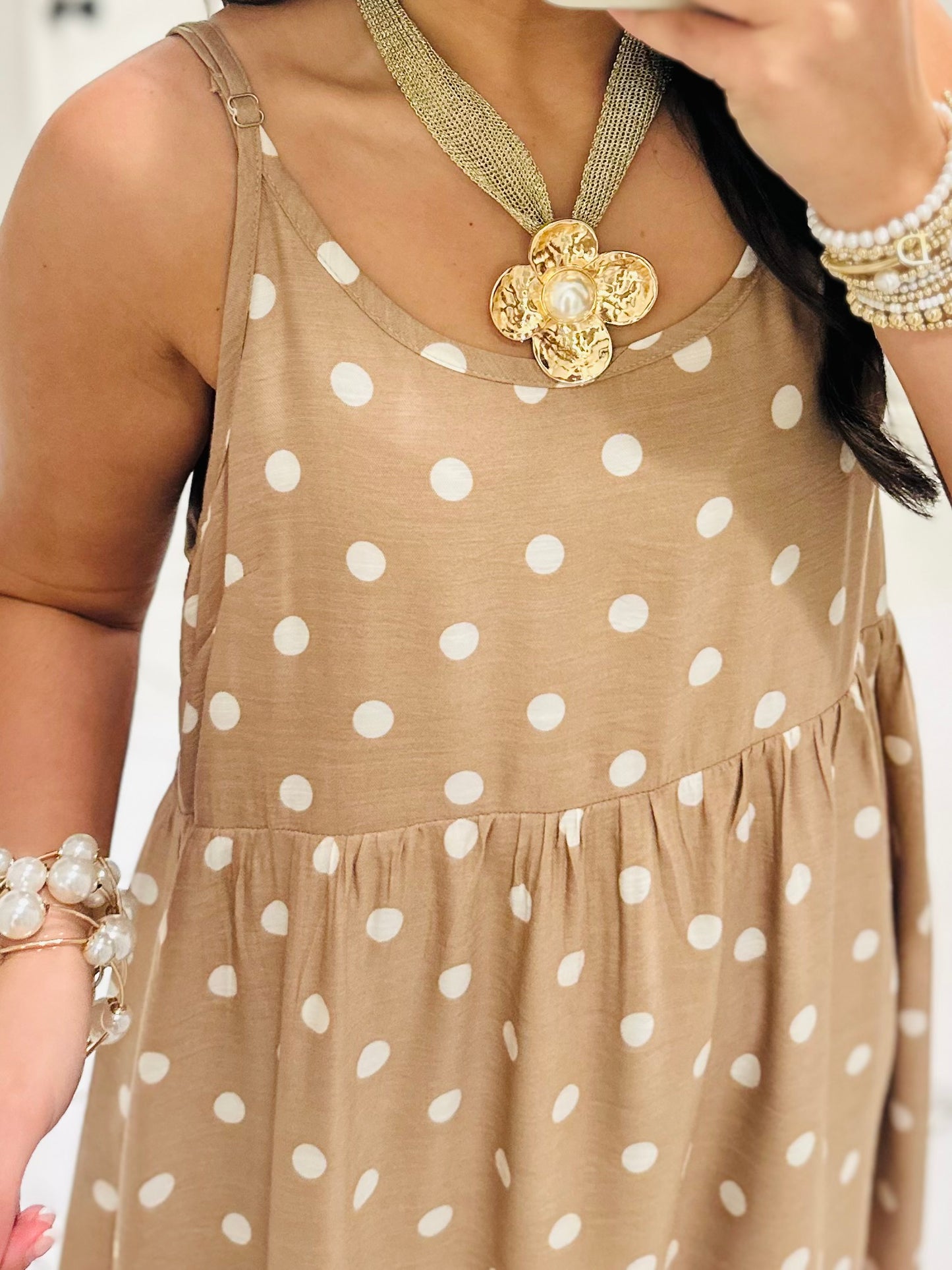 The Lennon Cream Tan Layered Polka Dot Midi Dress