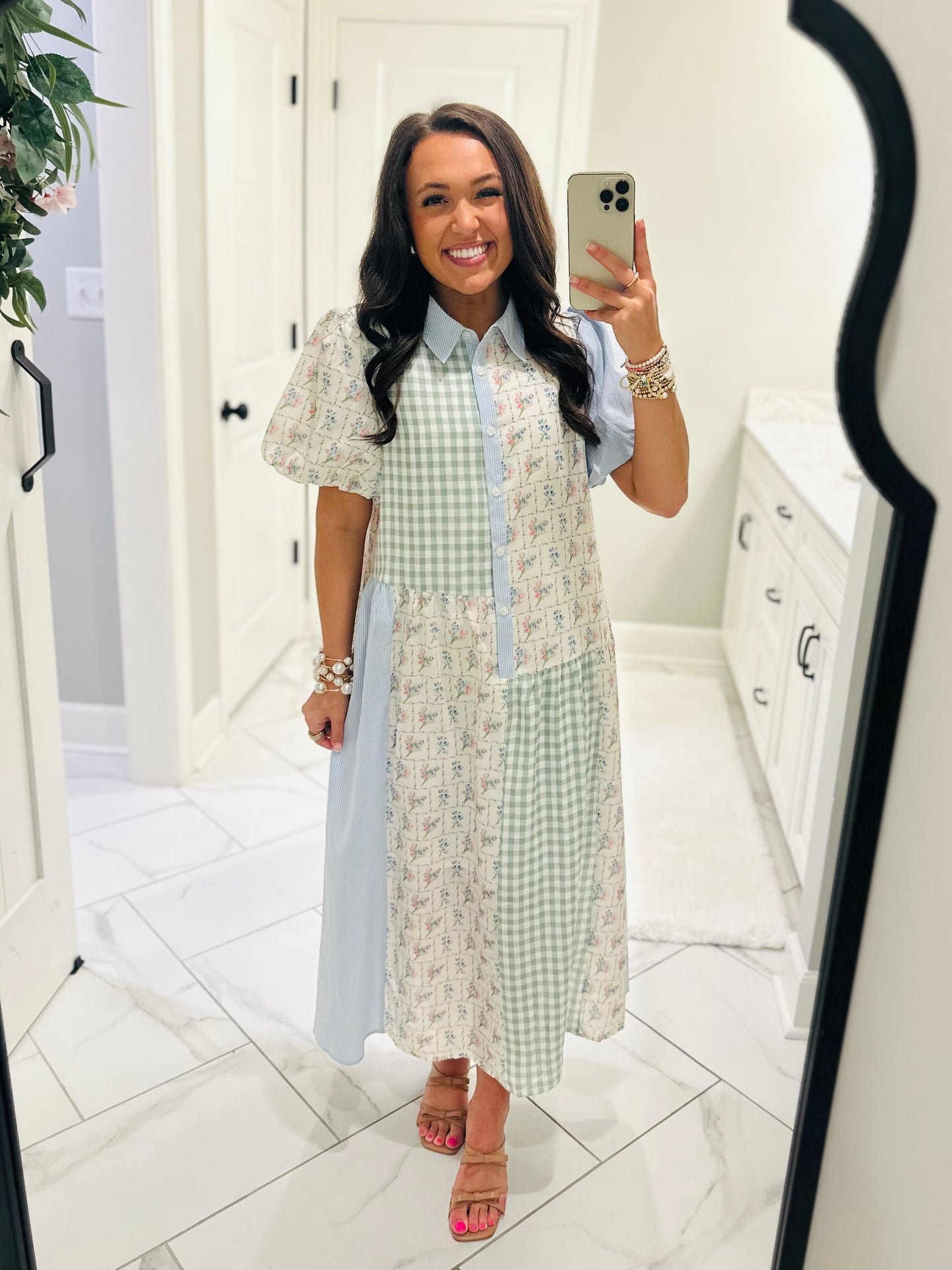 The Mae Blue + Mint Patchwork Midi Dress