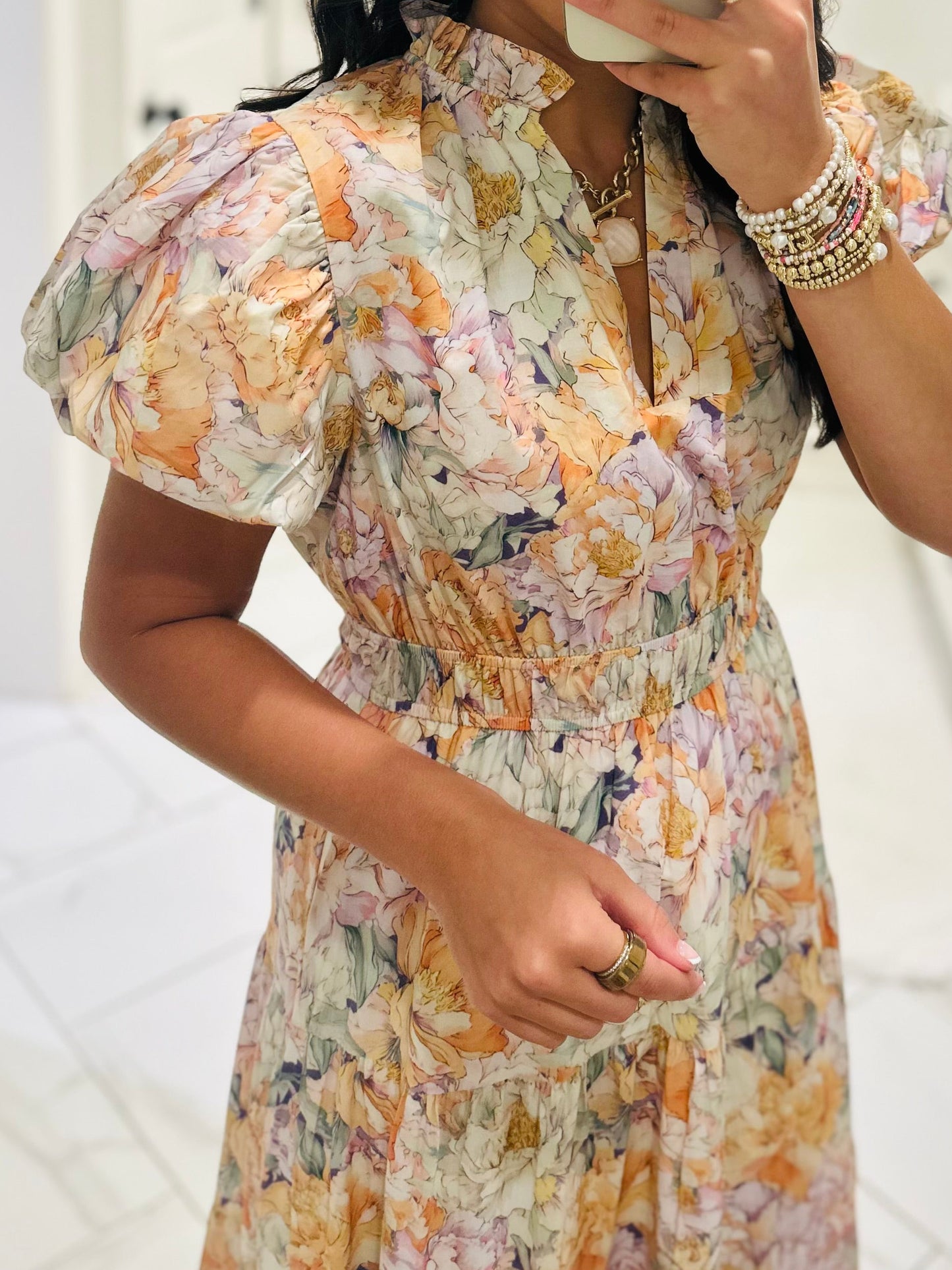 The Elizabeth Lavender + Orange Multicolor Floral Midi Dress