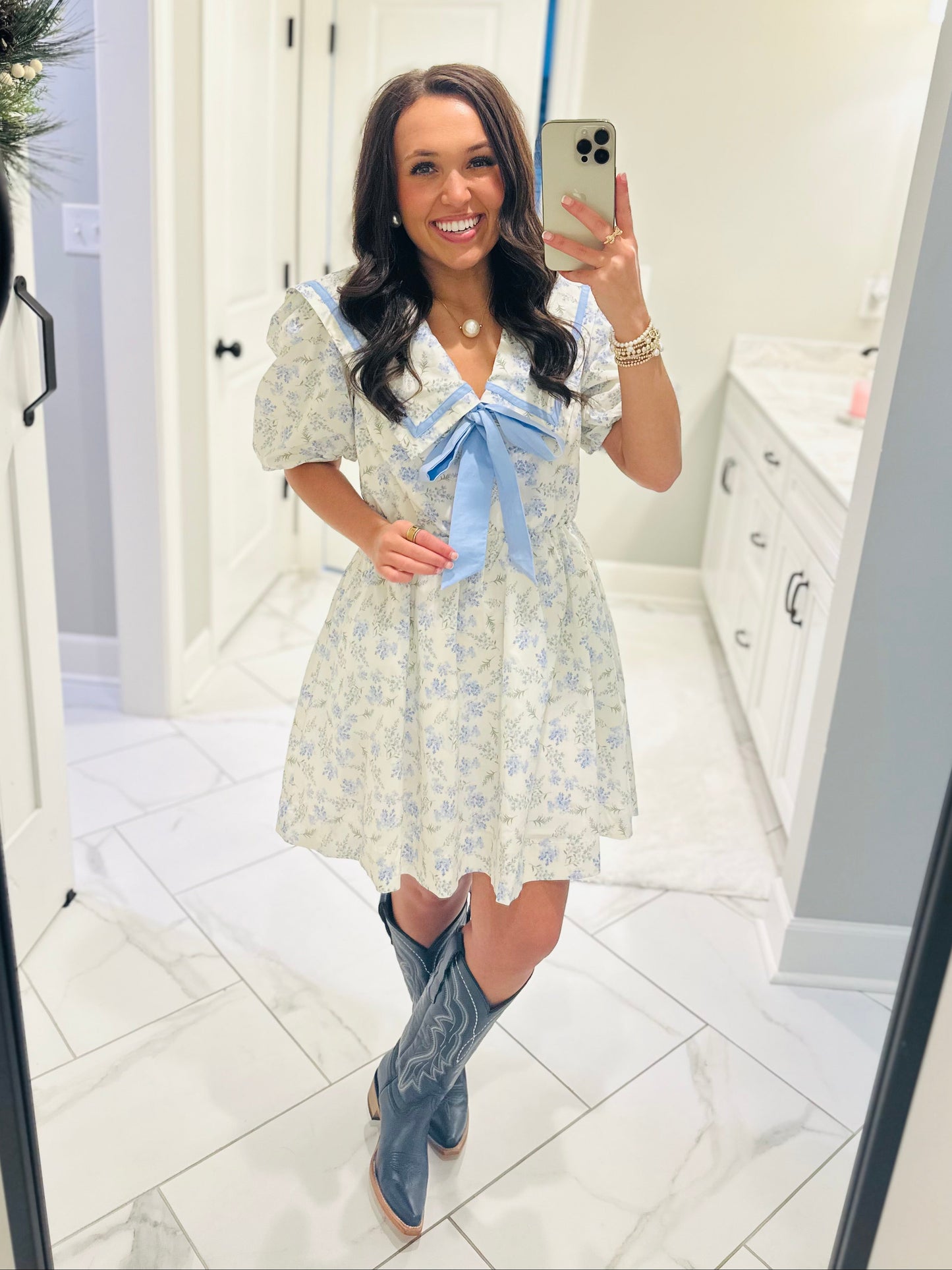 The Charlotte Cream + Blue Printed Poplin Dress