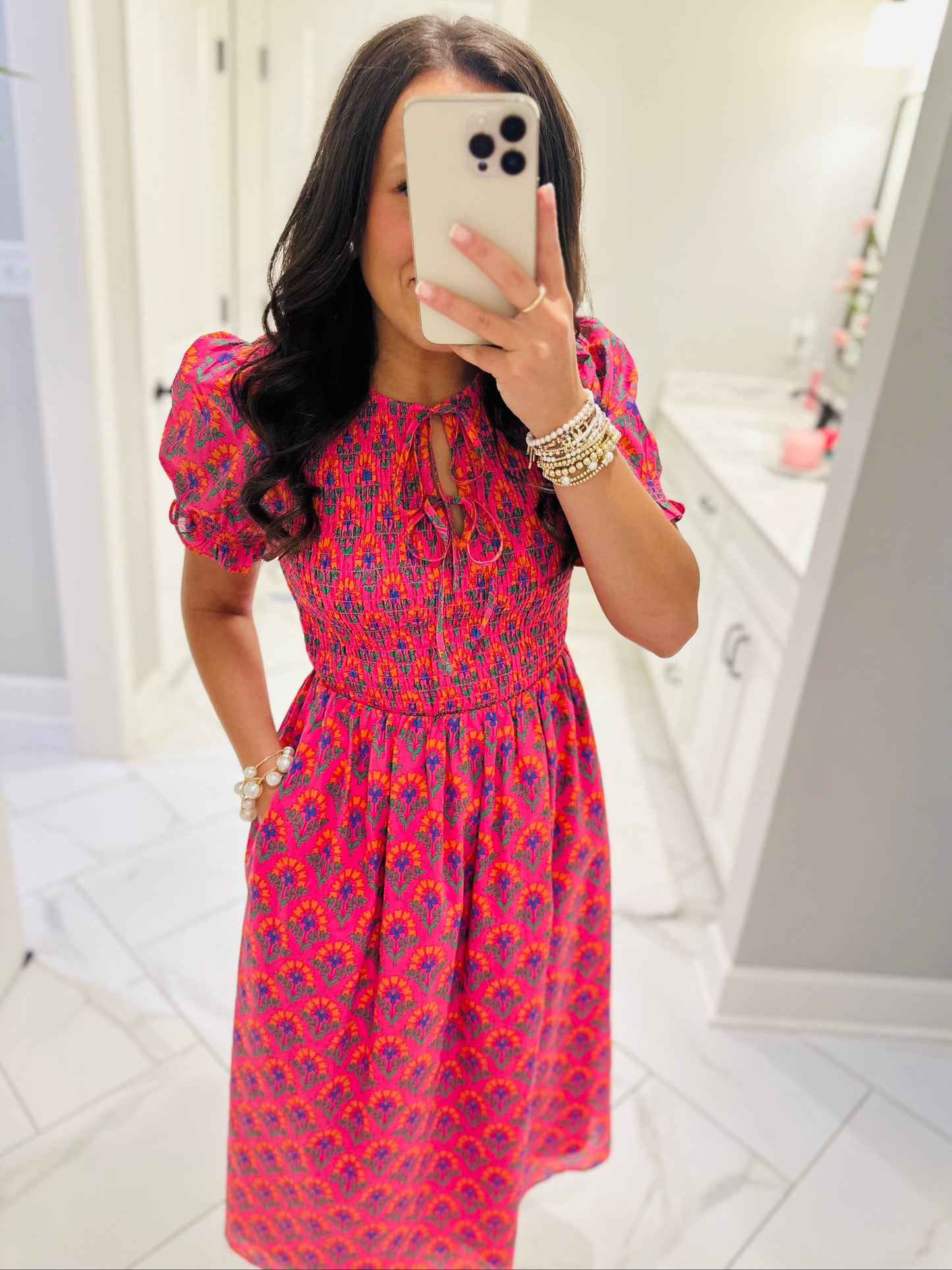 The Tamry Pink Smocked Midi Dress