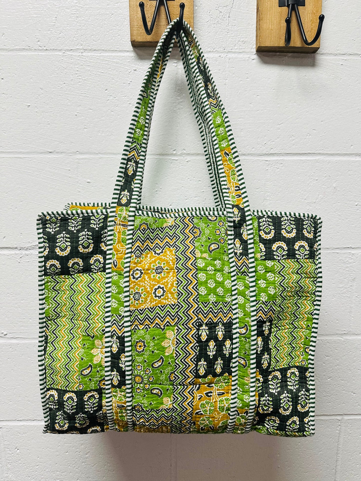 The Green + Black Multi Pattern Quilted Tote Bag