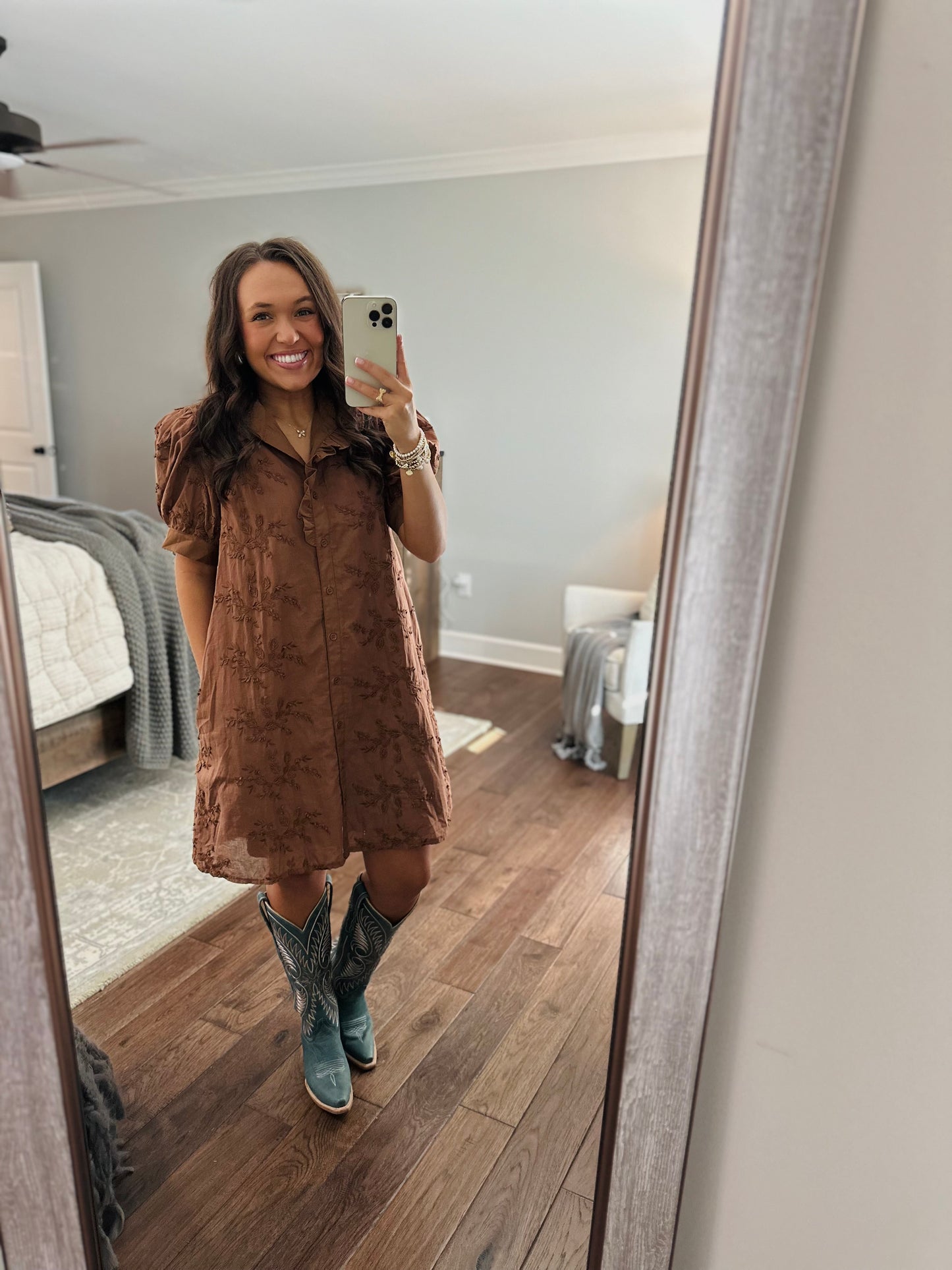 The Taylor Mocha Brown Floral Appliqué Dress