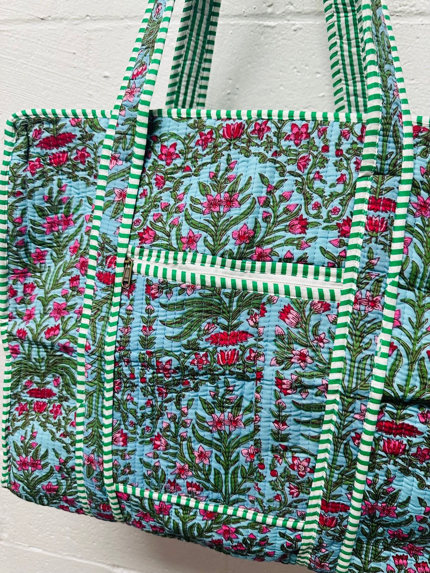 The Blue & Green Floral Quilted Tote Bag