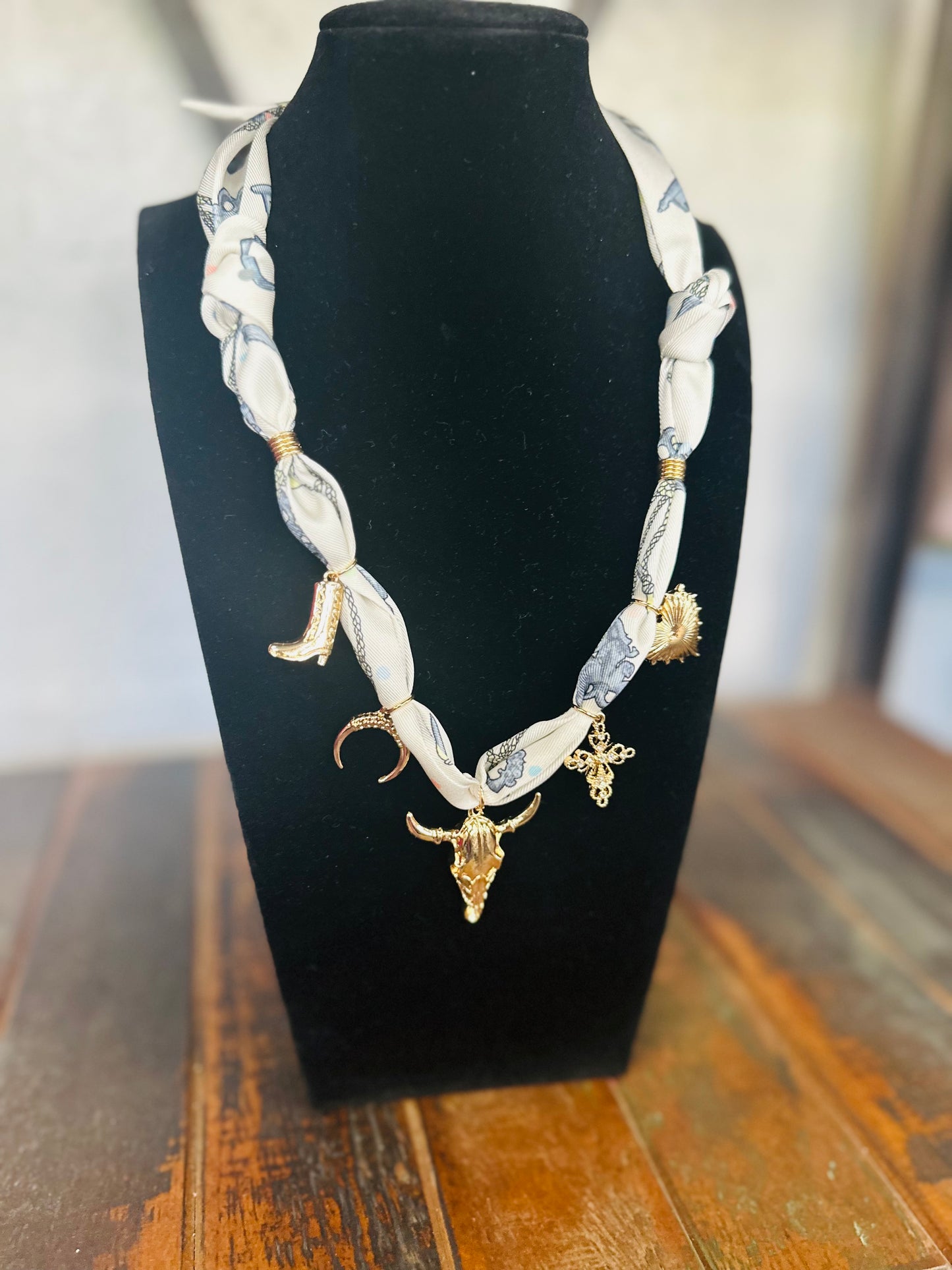 Western Steer Gold Charm Scarf Necklace - White