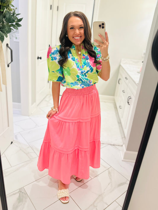 The Ada Pink Tiered Midi Skirt