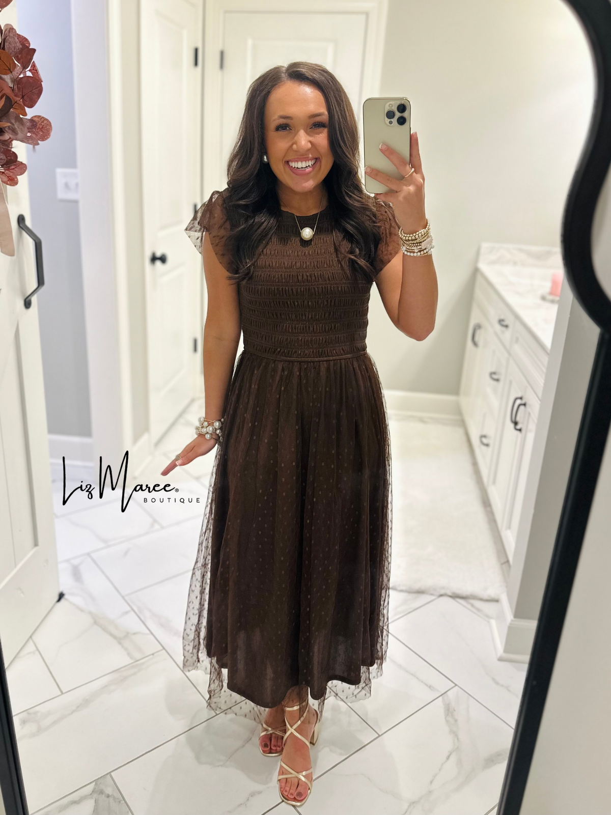 The Autumn Brown Polka Dot Chiffon Midi Dress