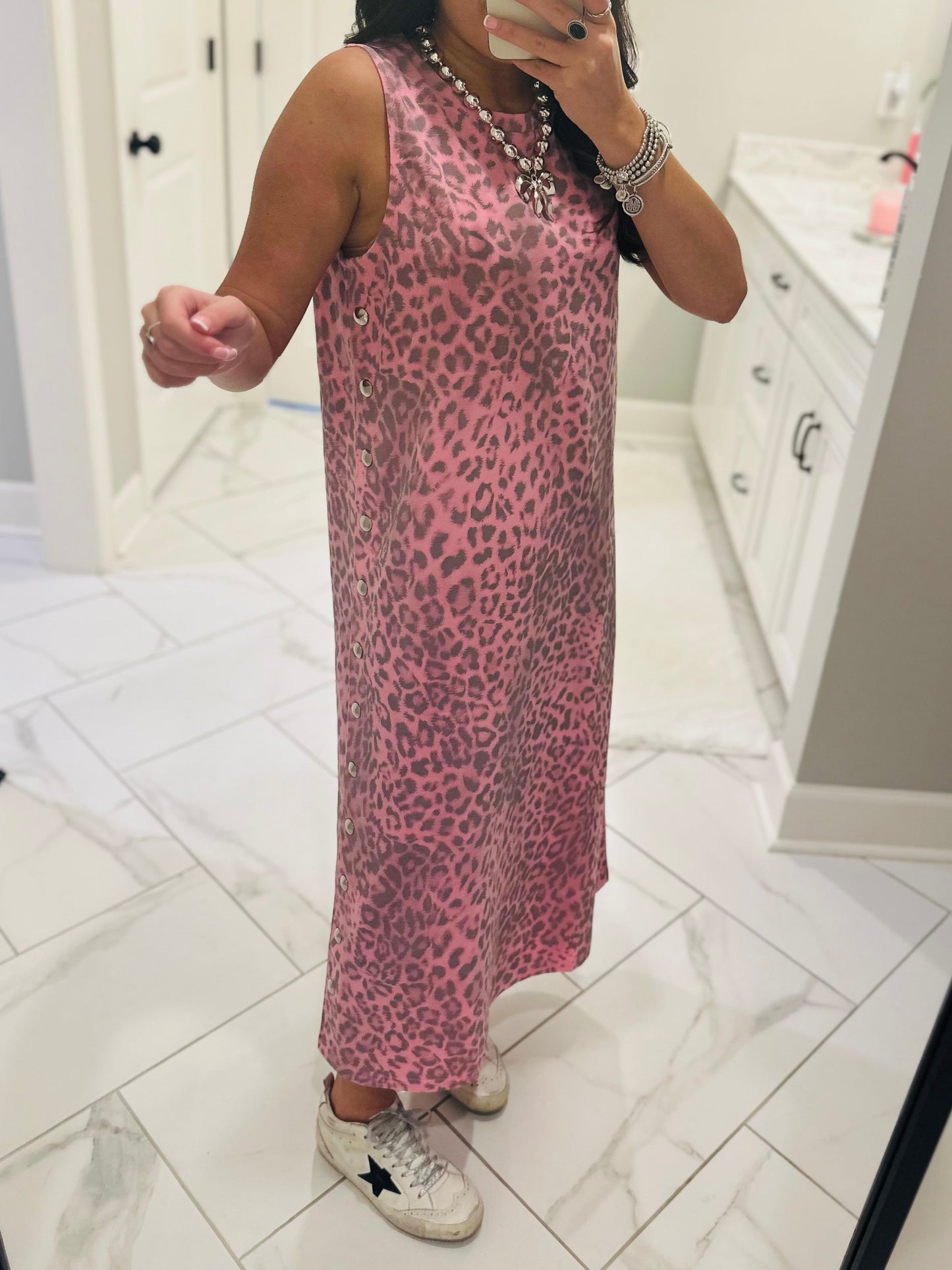 The Brooke Pink Leopard Midi Dress