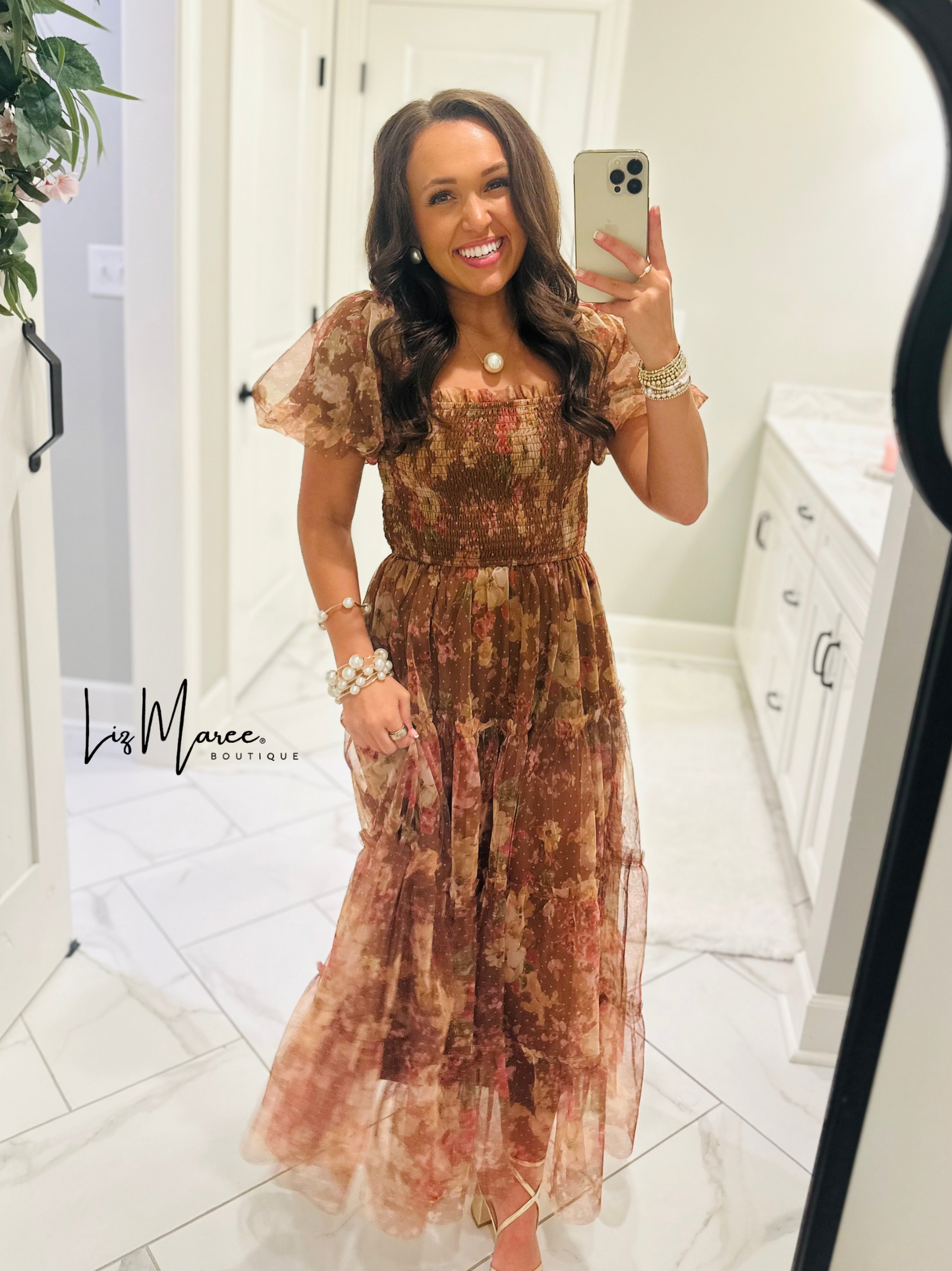 The Halston Light Brown Floral Polka Dot Midi Dress