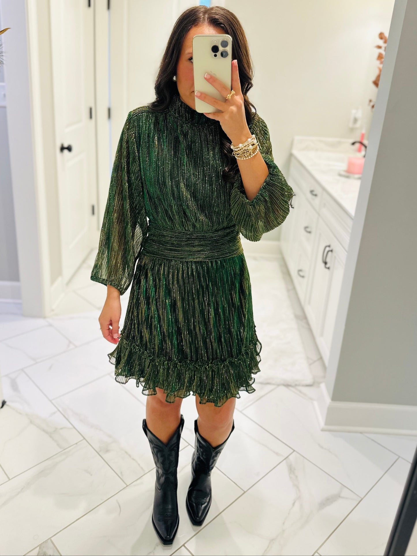 The Dasher Emerald Green Shiny Ruffle Dress
