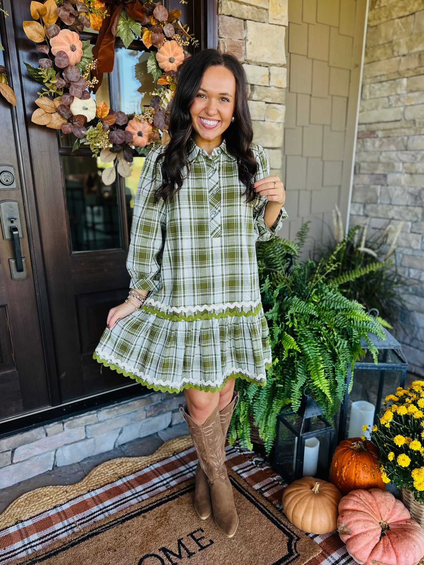 The Gale Olive Green Plaid Dress