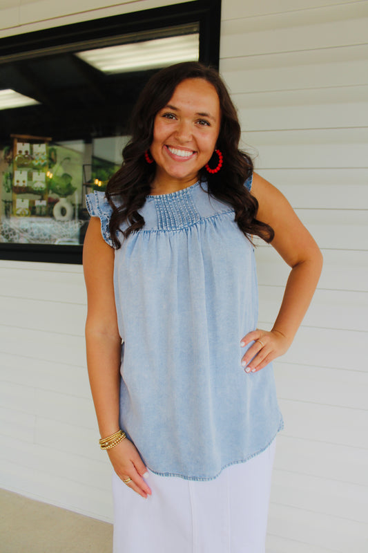 The Jill Ruffled Sleeve Denim Top