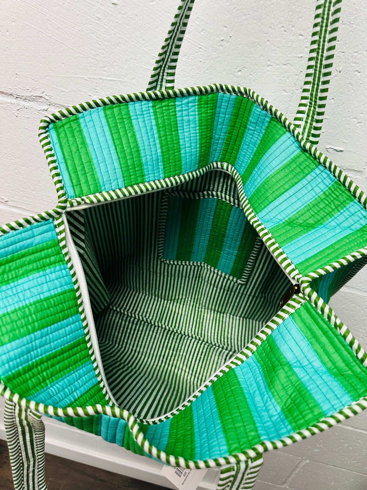 The Teal + Green Striped Quilted Tote Bag
