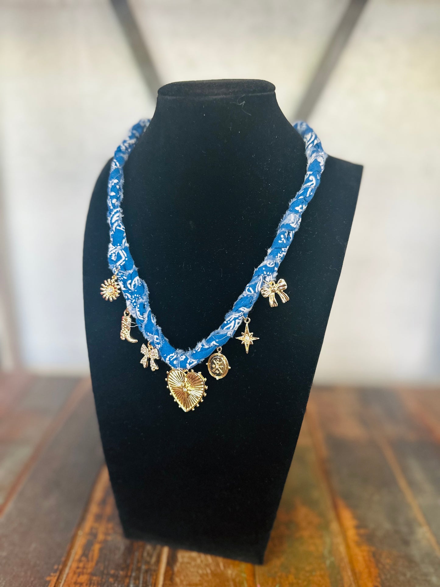 So Sweet & Chic Blue Gold Charm Scarf Necklace