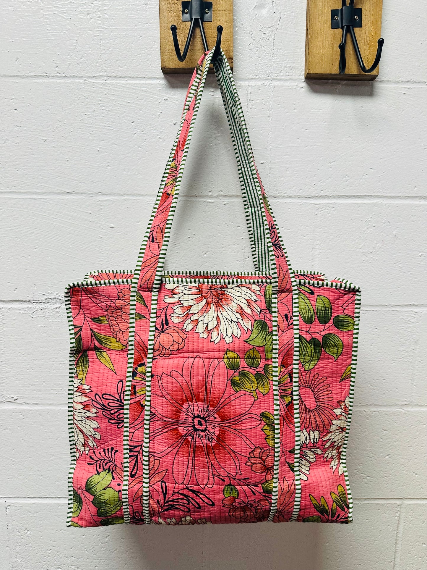 The Coral Pink Flower Power Quilted Tote Bag
