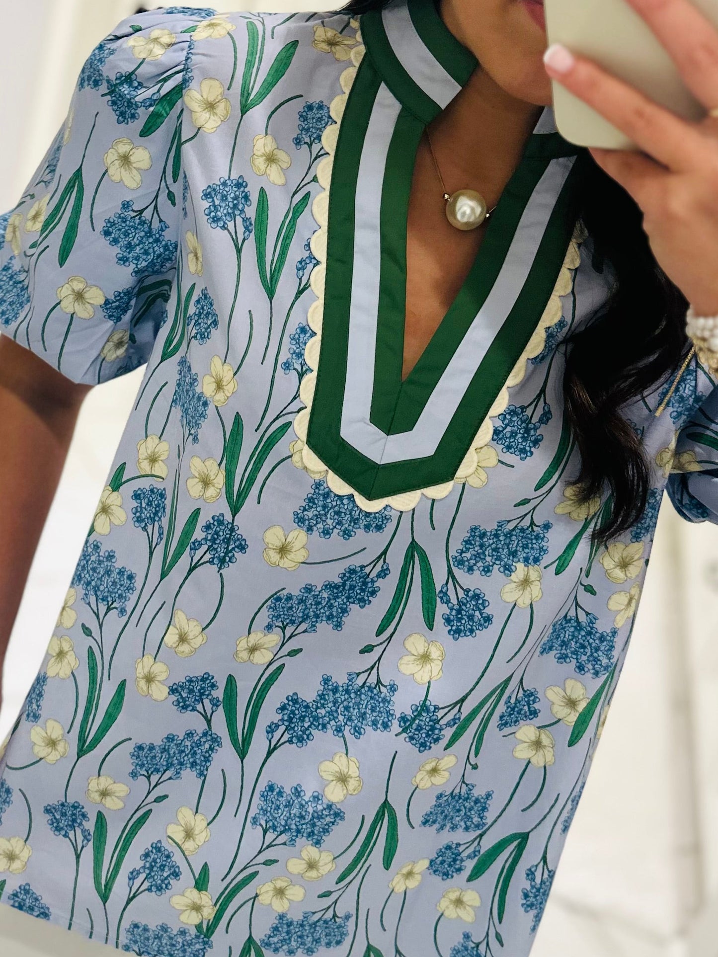 The Poppy Blue Floral Scallop Trim Top