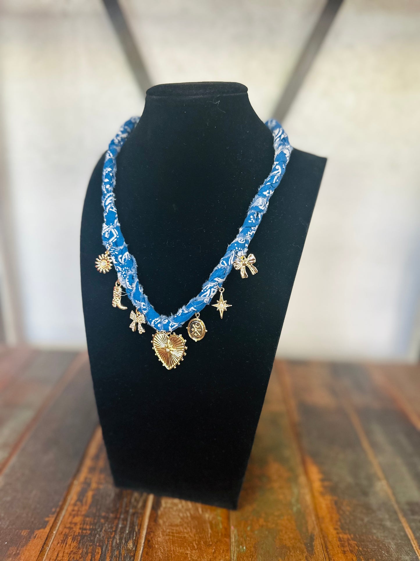 So Sweet & Chic Blue Gold Charm Scarf Necklace