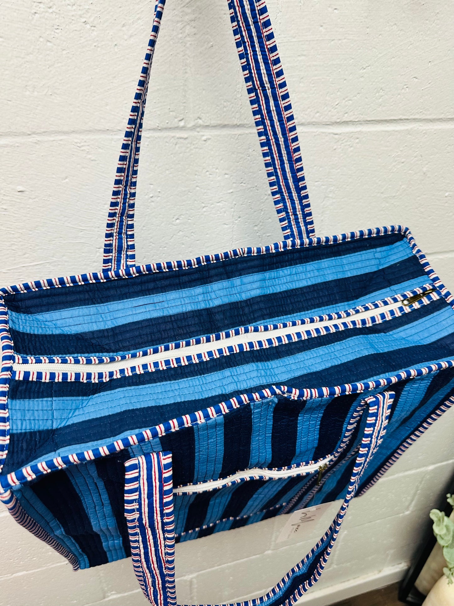 The Navy + Light Blue Striped Quilted Tote Bag