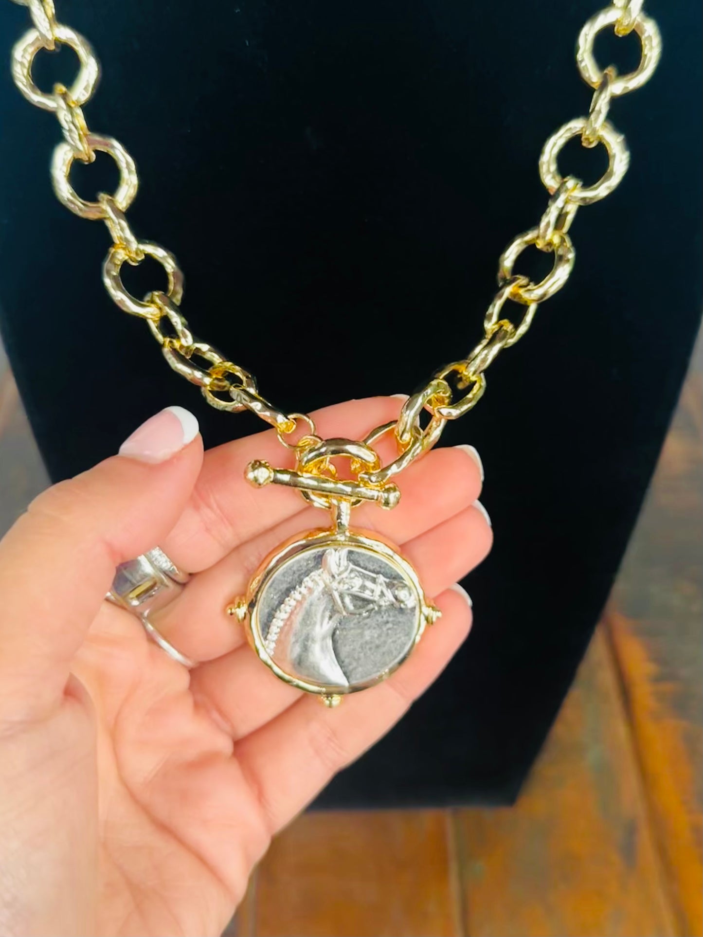 Gold + Silver Horse Round Pendant Necklace
