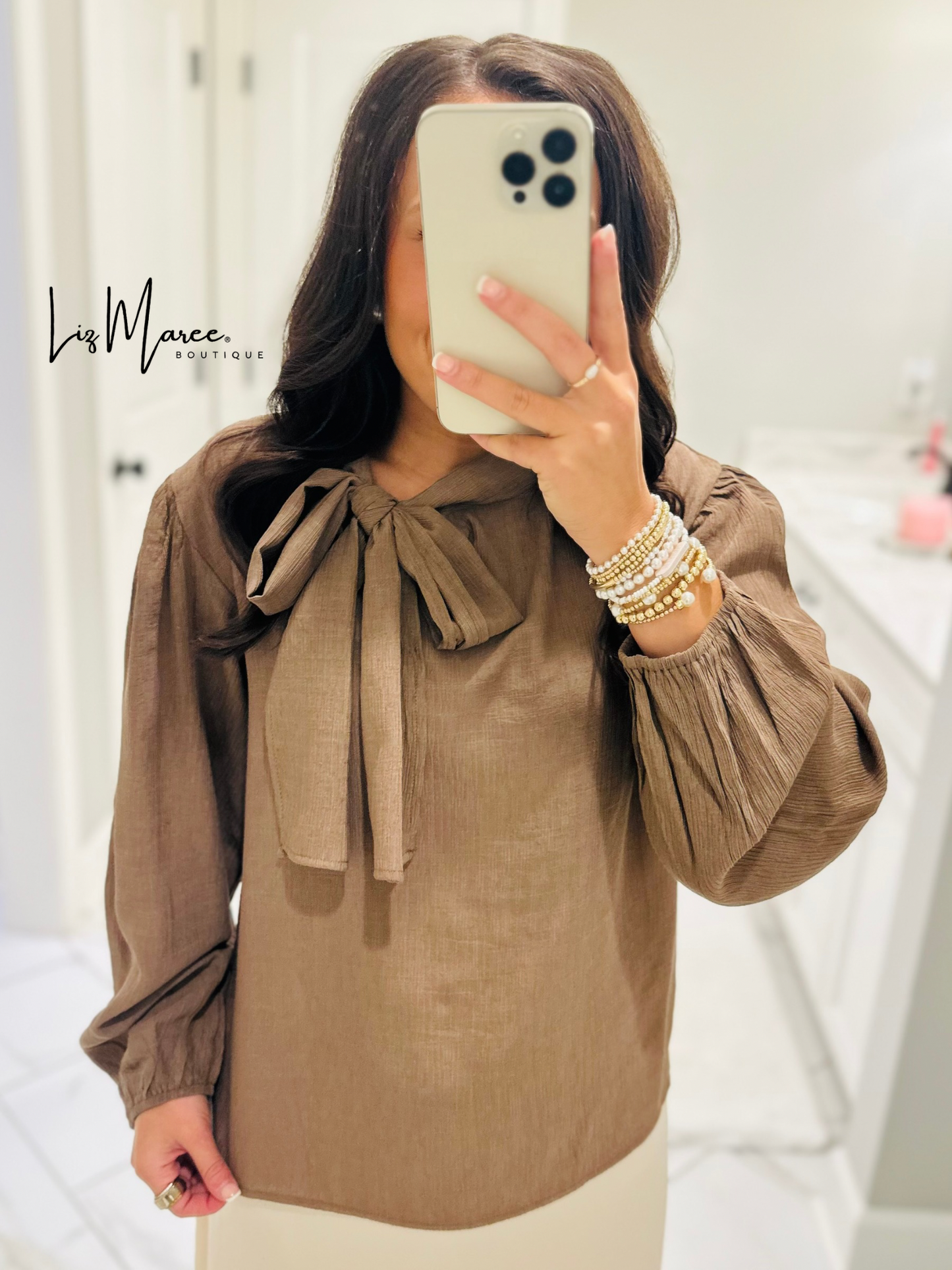 The Lorie Coco Brown Long Sleeve Bow Top