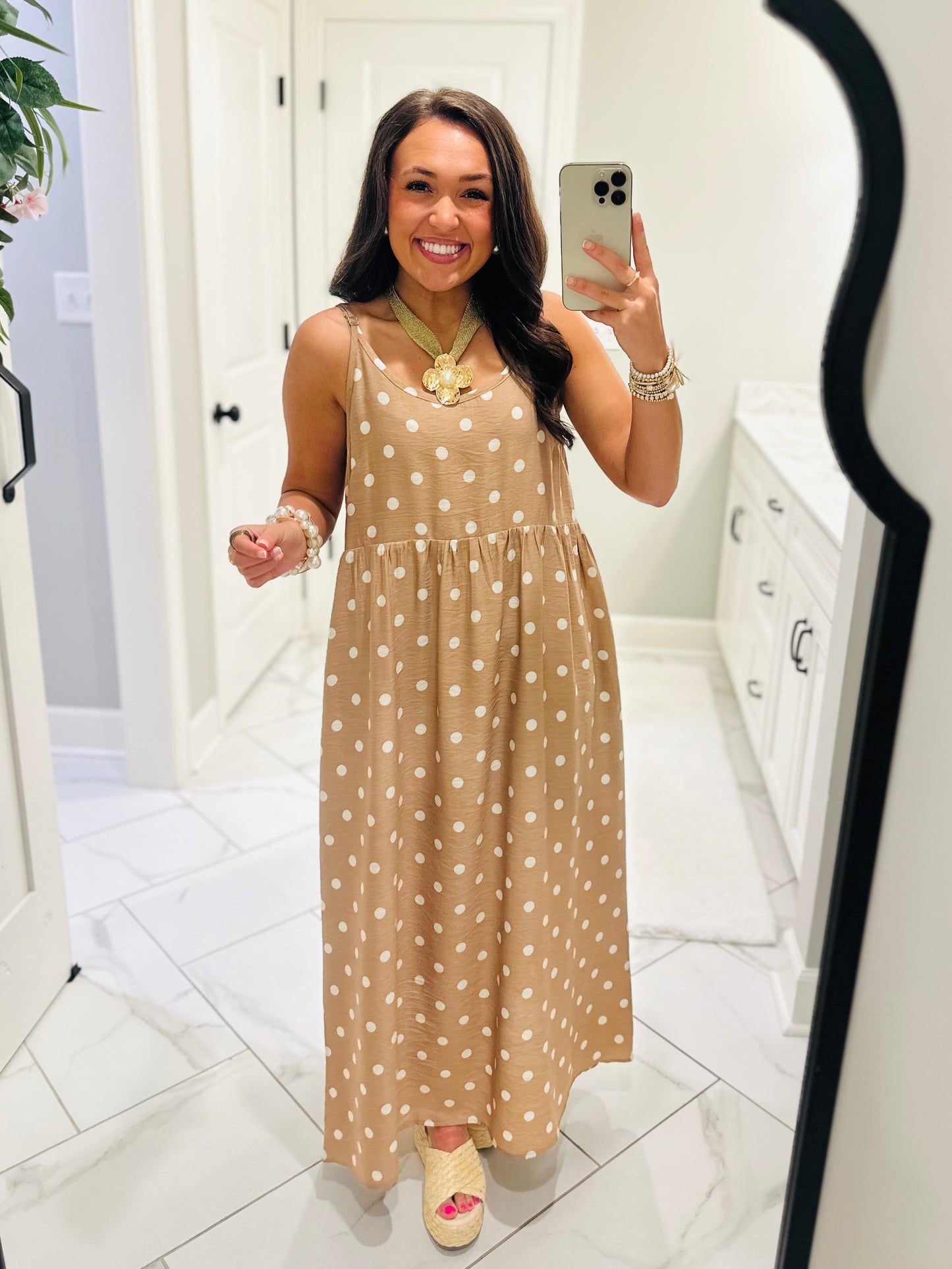 The Lennon Cream Tan Layered Polka Dot Midi Dress