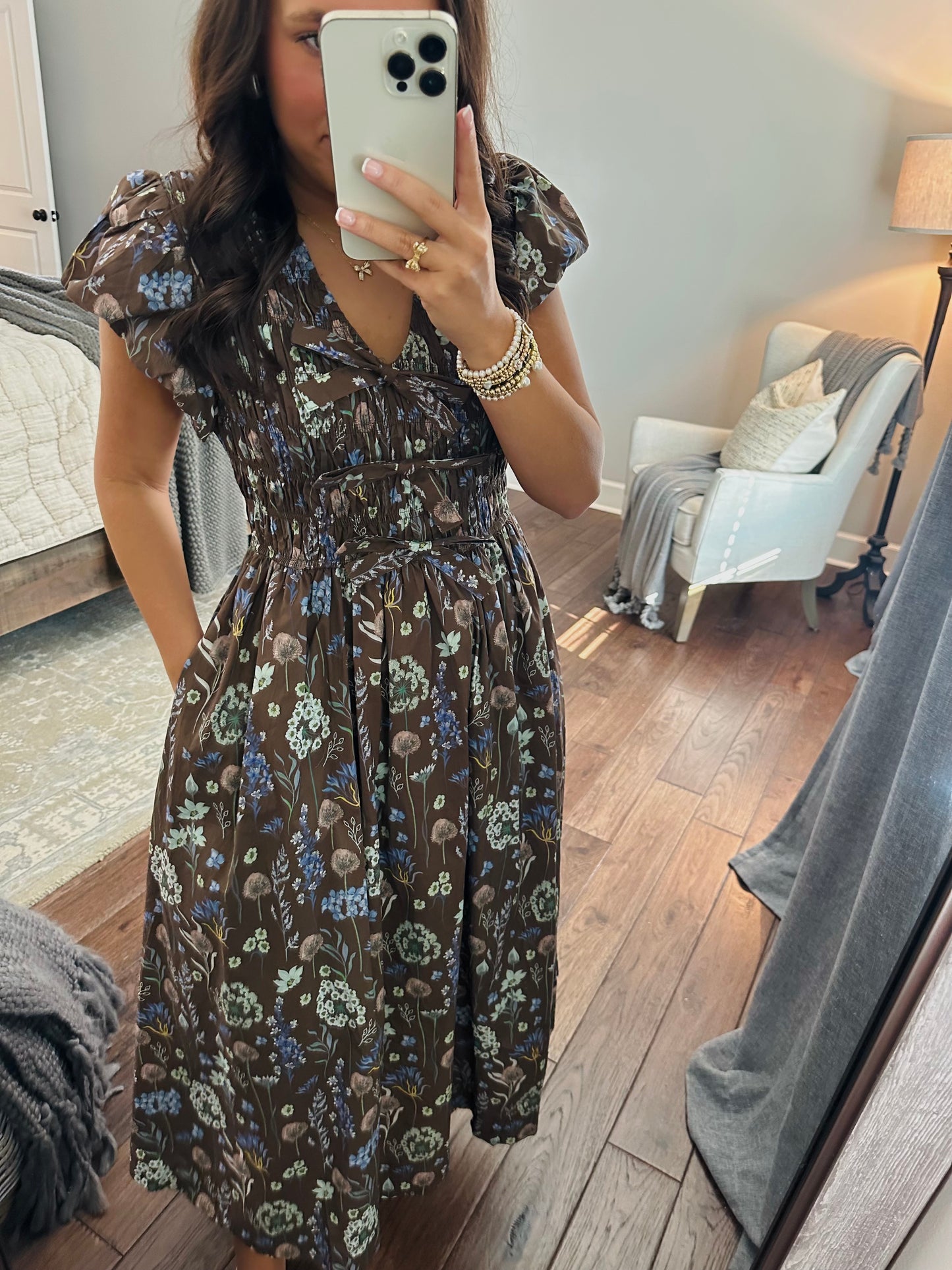 The Stella Brown Floral Bow Front Midi Dress