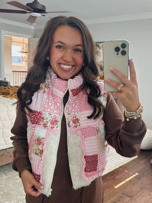 The Winnie Pink Patchwork Ruffle Sherpa Vest