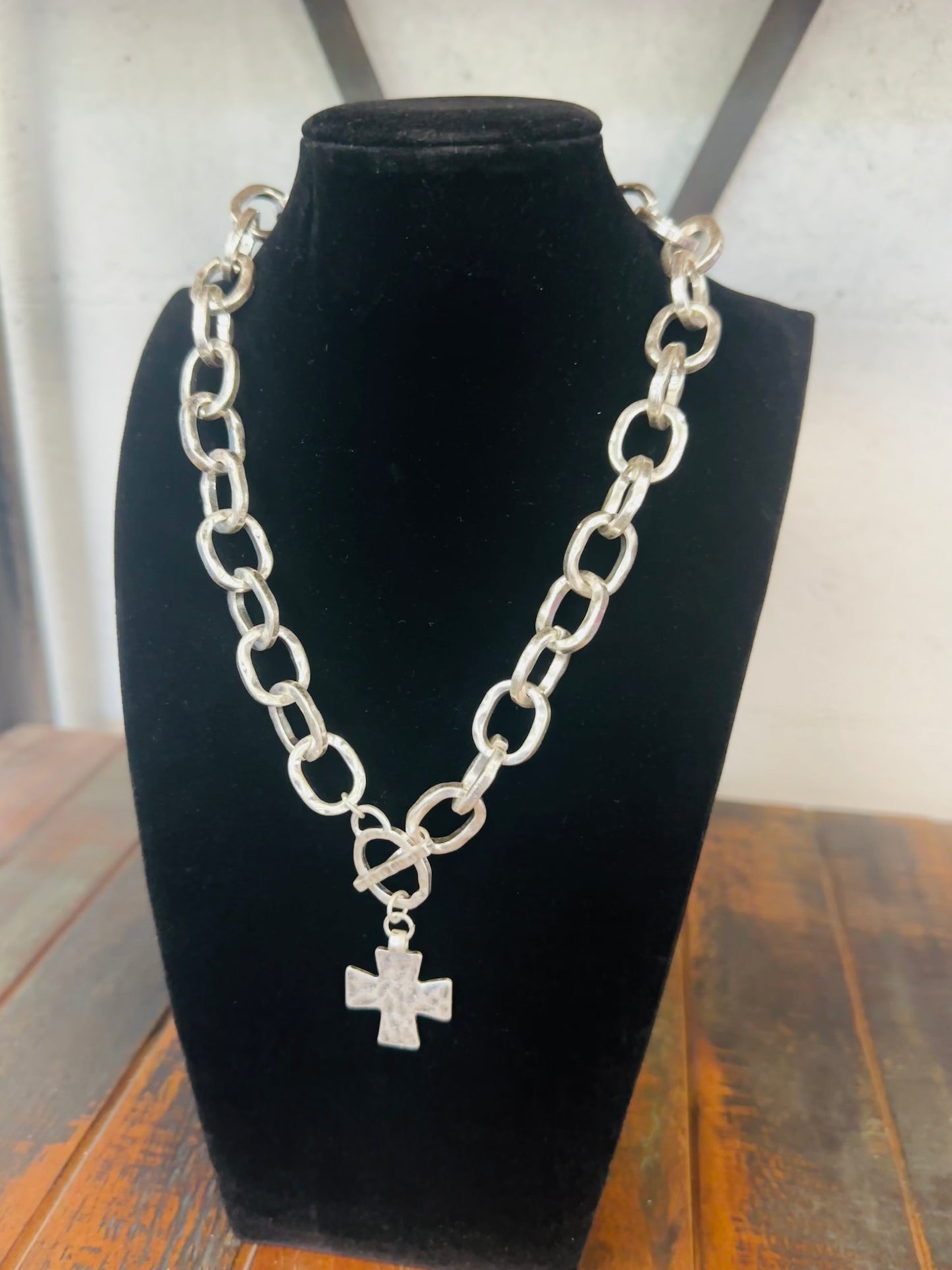 Silver Chunky Chain Hammered Cross Necklace