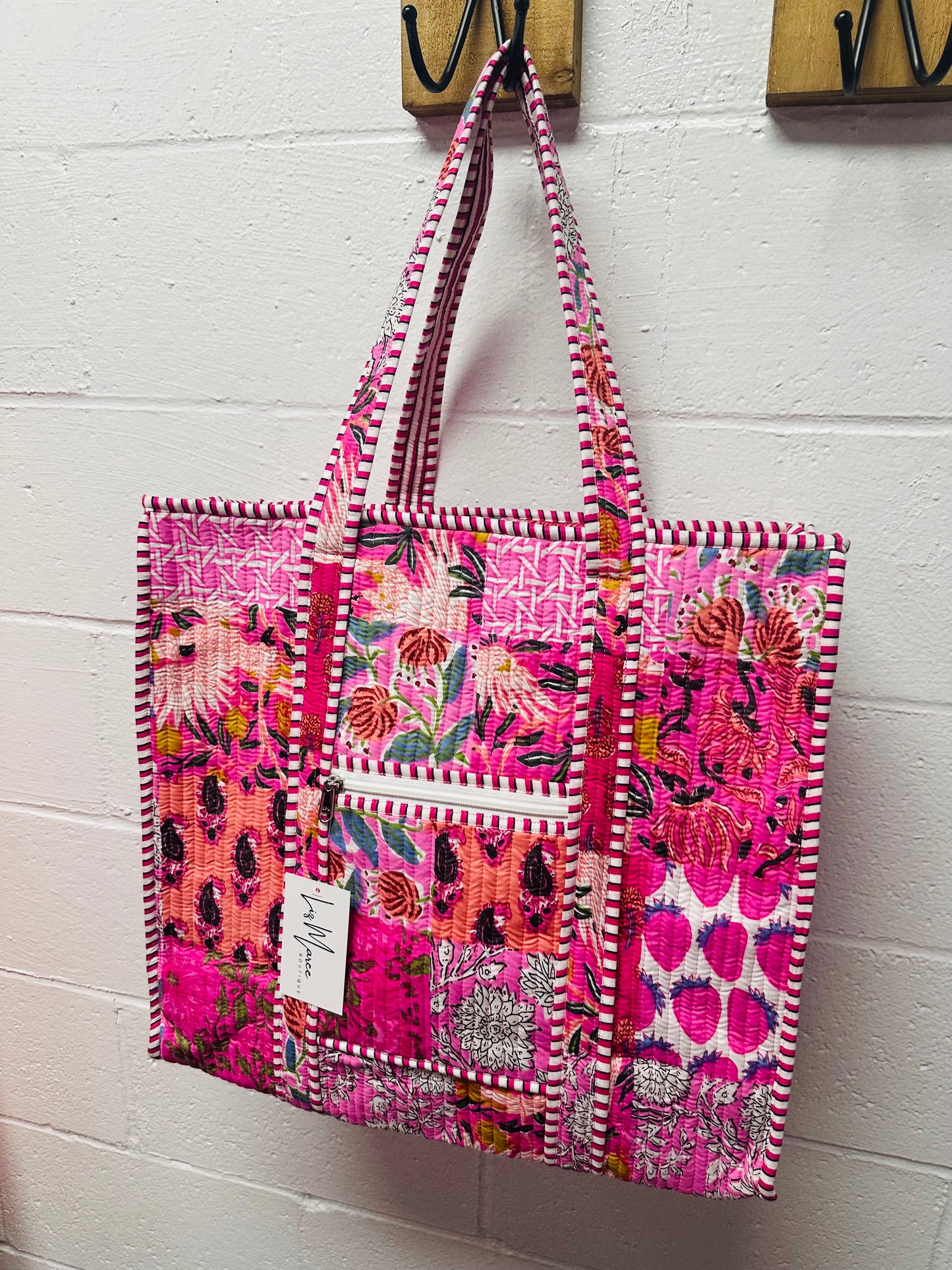 The Rose Pink Patchwork Quilted Tote Bag