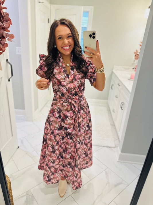 The Maggie Pink + Brown Floral Midi Dress