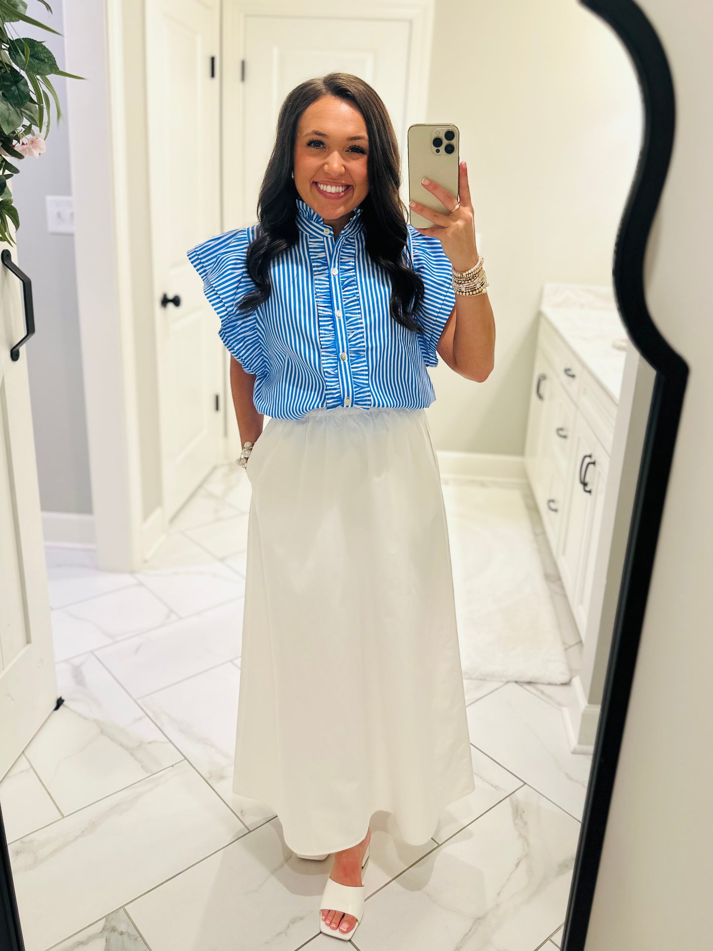 The Virginia Blue Striped Ruffle Top