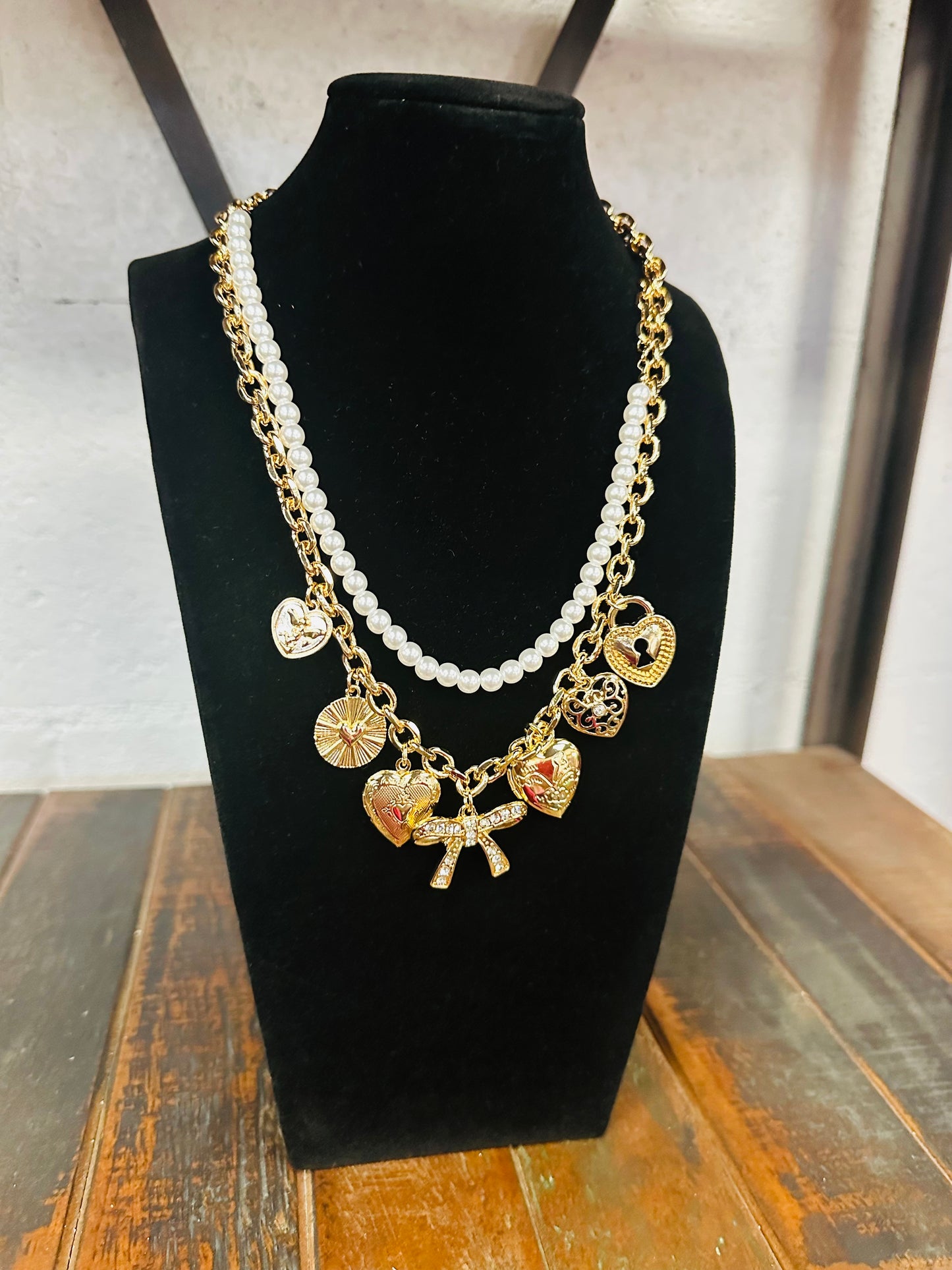 Pearl & Bow Gold Charm Necklace