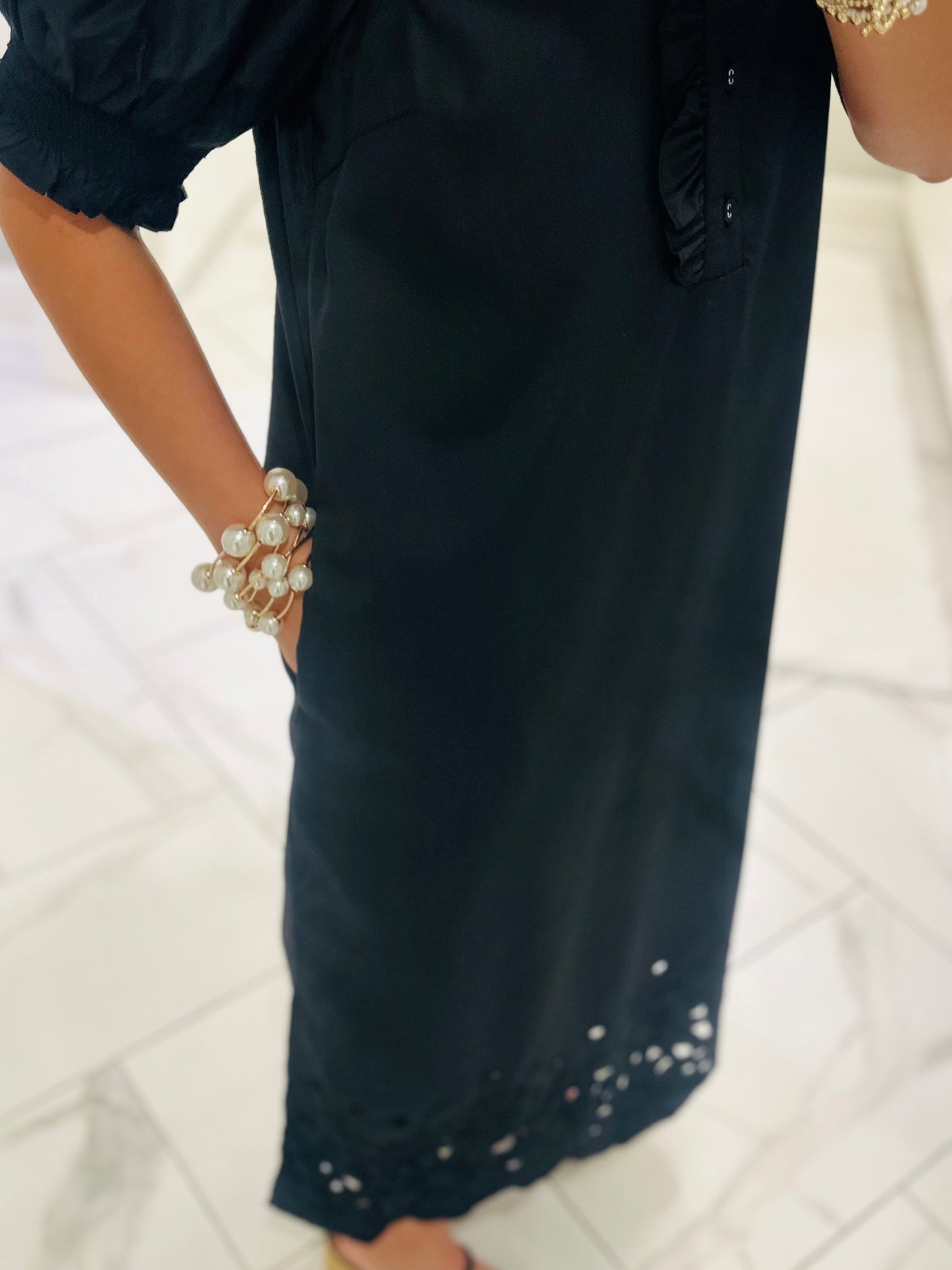 The Blakeley Black Embroidered Scallop Midi Dress