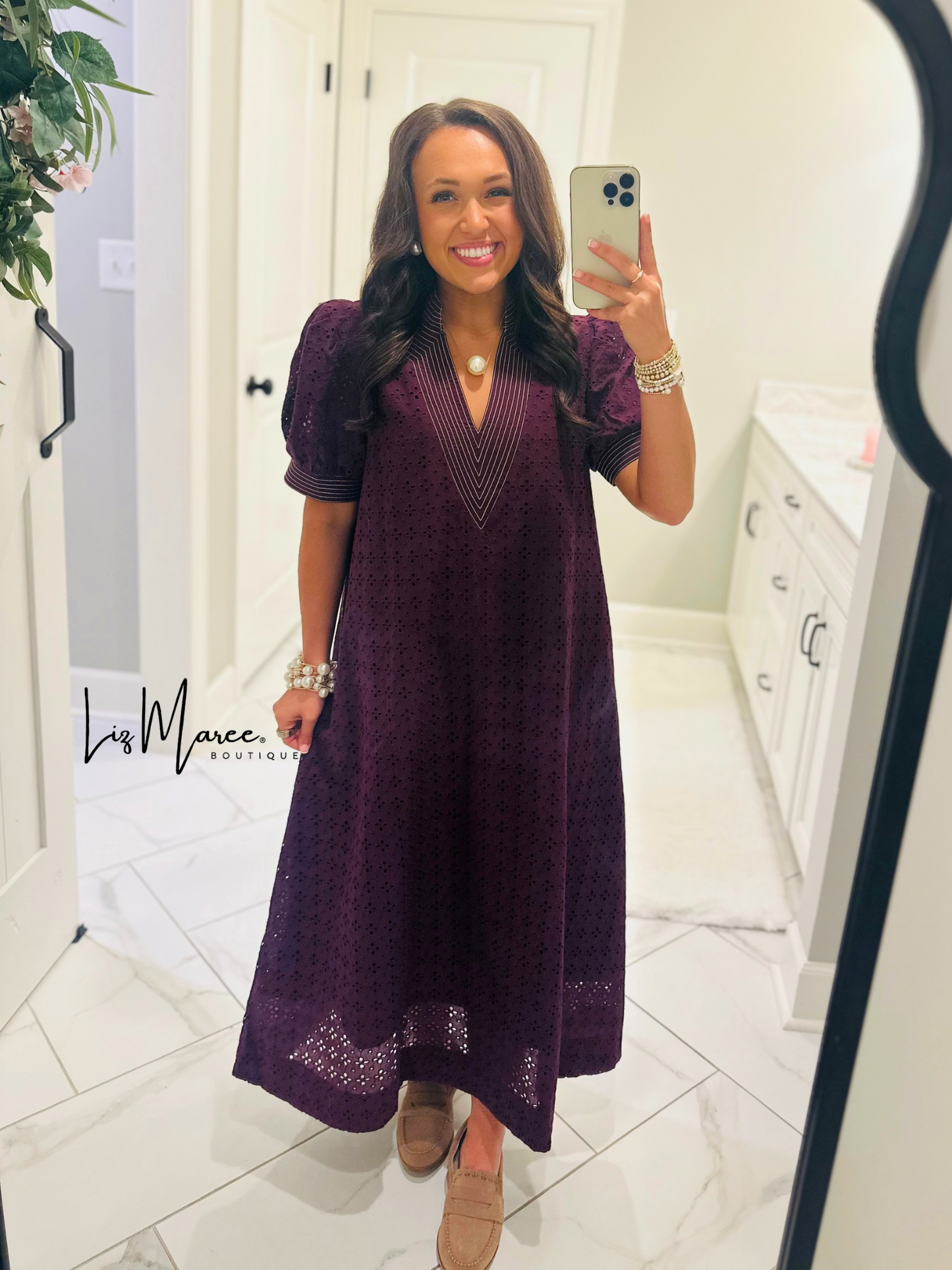 The Adley Merlot Eyelet Midi Dress