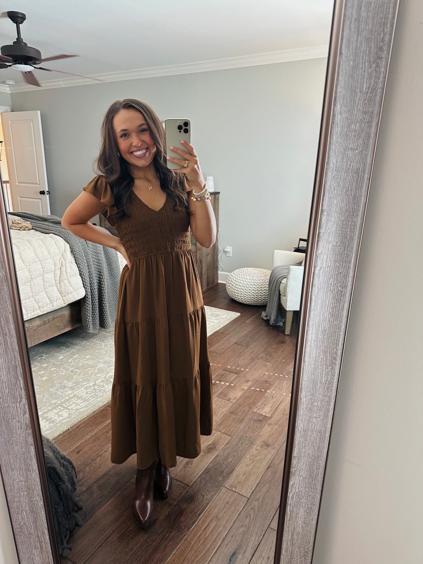 The Maple Copper Brown Flutter Sleeve Smocked Midi Dress