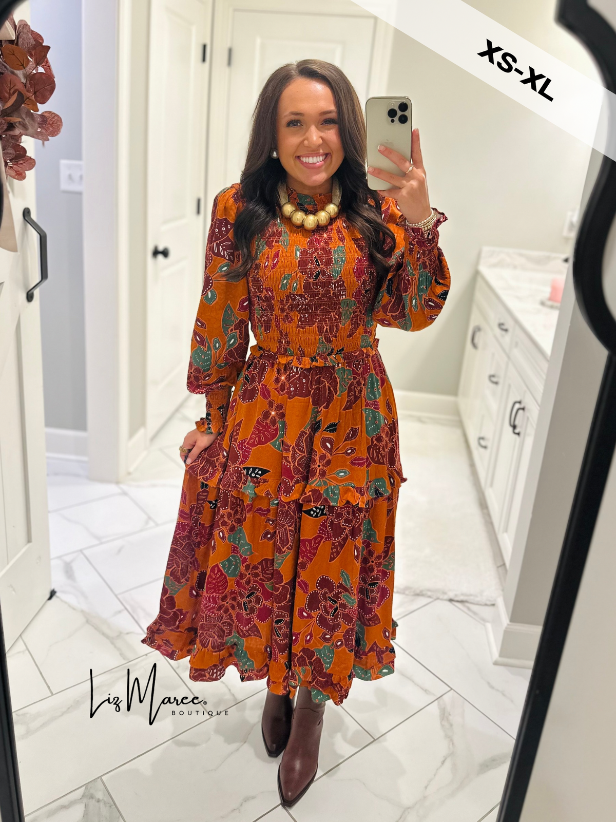 The Marven Rust Brown Floral Smocked Midi Dress
