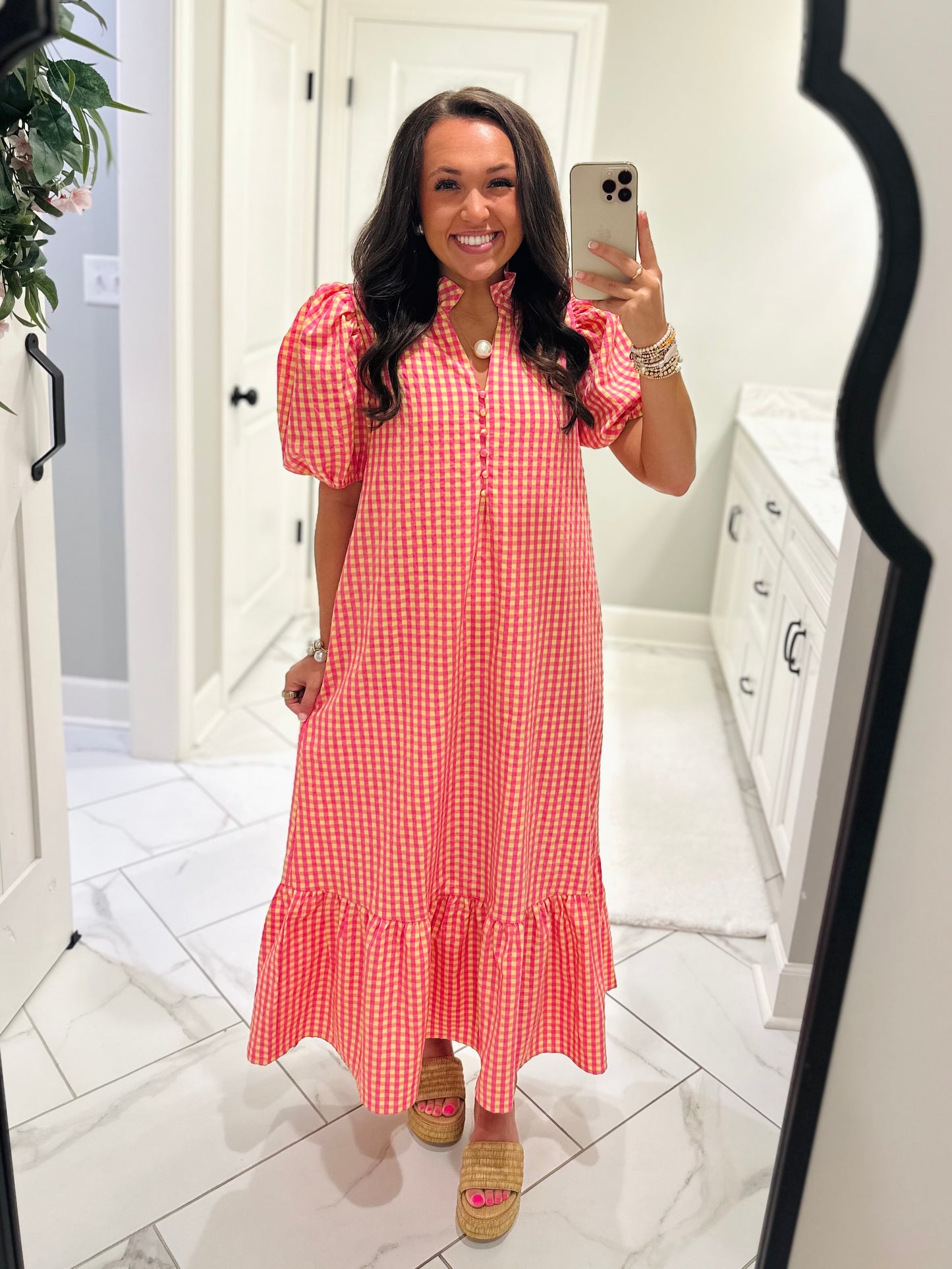 The Emilee Pink + Yellow Gingham Midi Dress