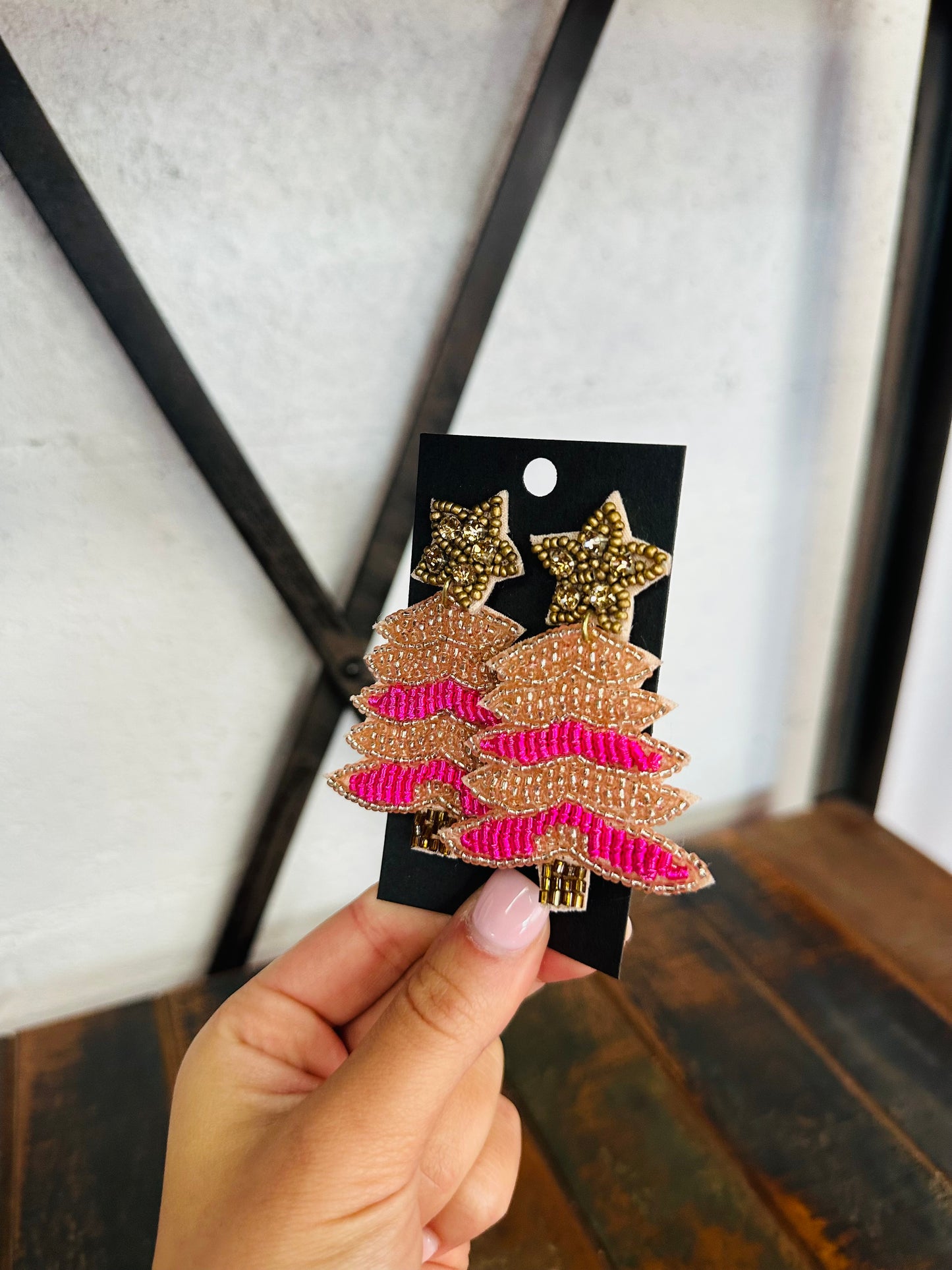 Brown + Pink Christmas Tree Beaded Earring